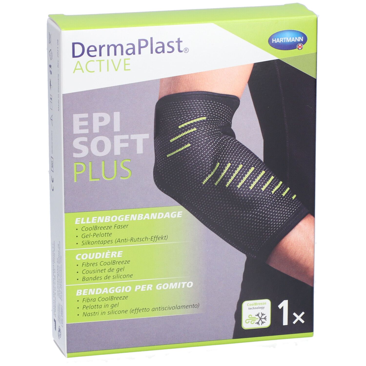 Verpackung von Dermaplast Aktiv Epi Soft Plus. Enthält eine Ellenbogenbandage. Grün-weiße Verpackung mit Produktabbildung.