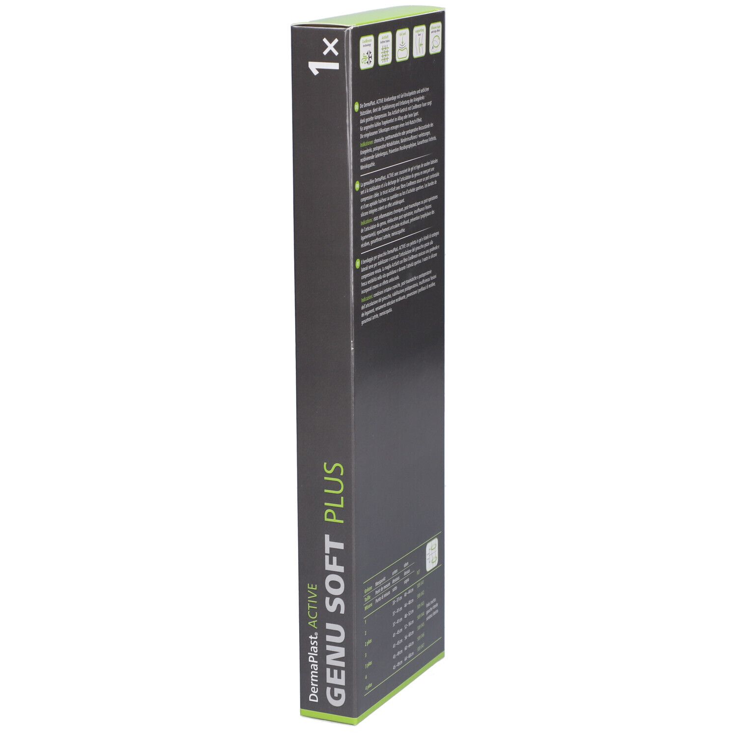 Long emballage. Marque Dermaplast Active. Texte : GENU SOFT PLUS. 1 pièce. Informations.