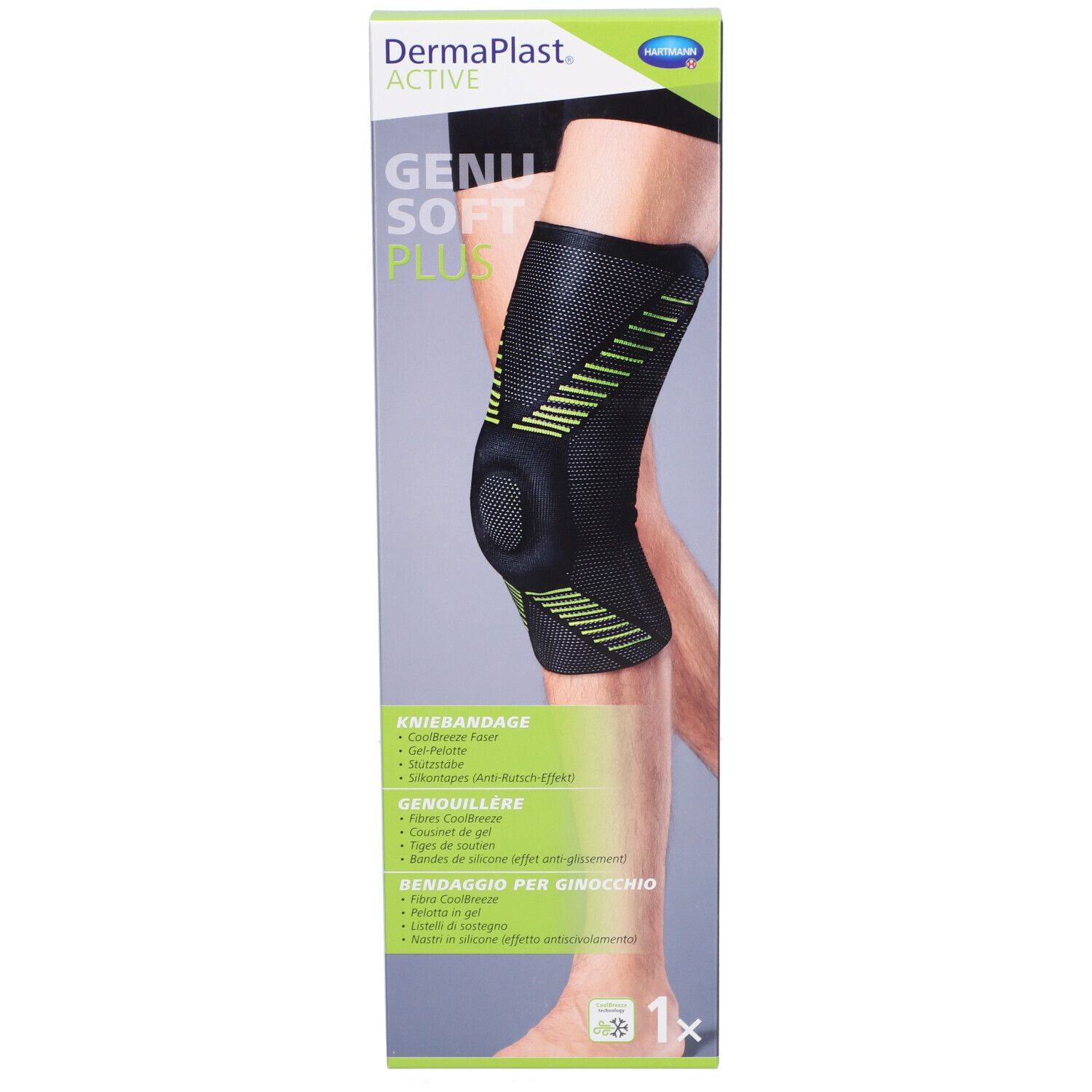 Genouillère dans son emballage. Marque Dermaplast Active. Texte : GENU SOFT PLUS. 1 pièce.