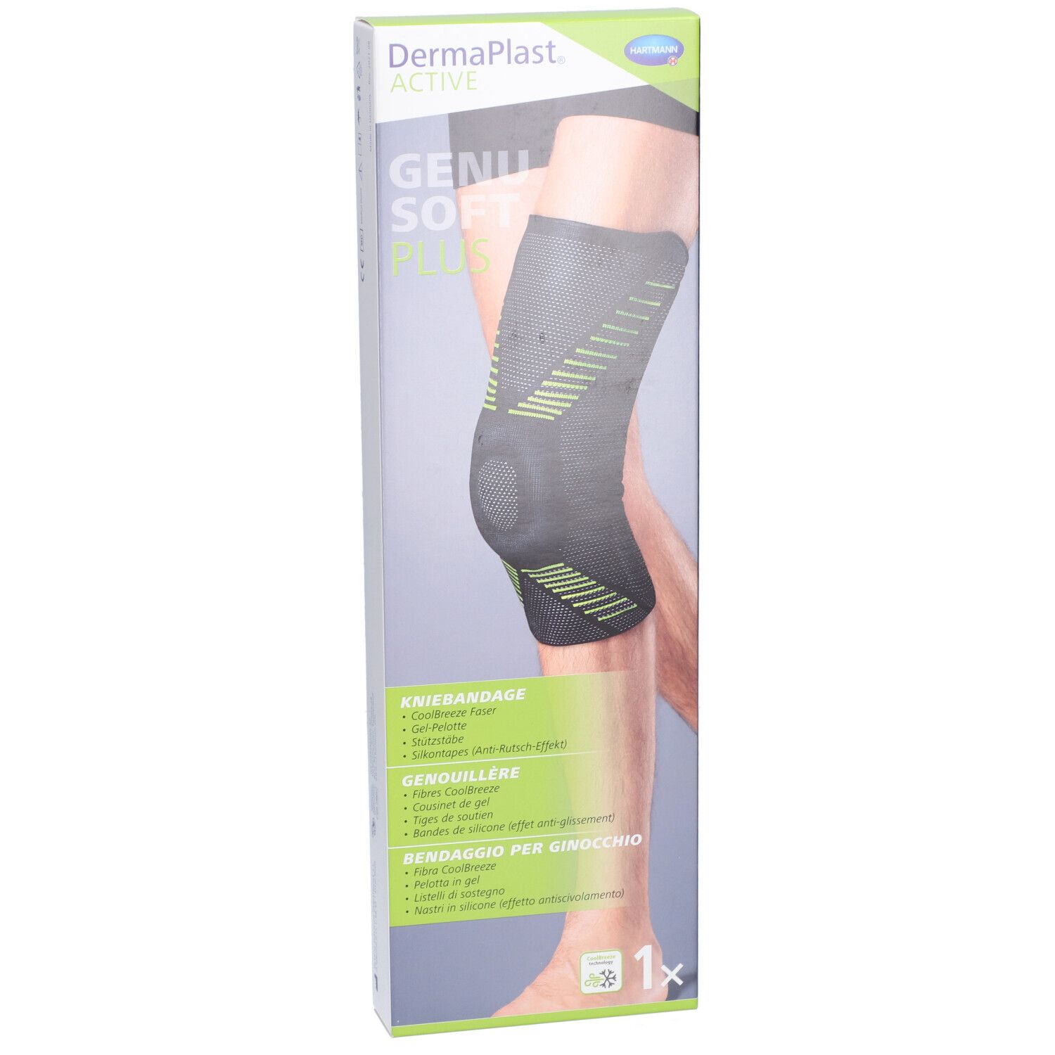 Genouillère dans son emballage. Marque Dermaplast Active. Texte : GENU SOFT PLUS. 1 pièce.