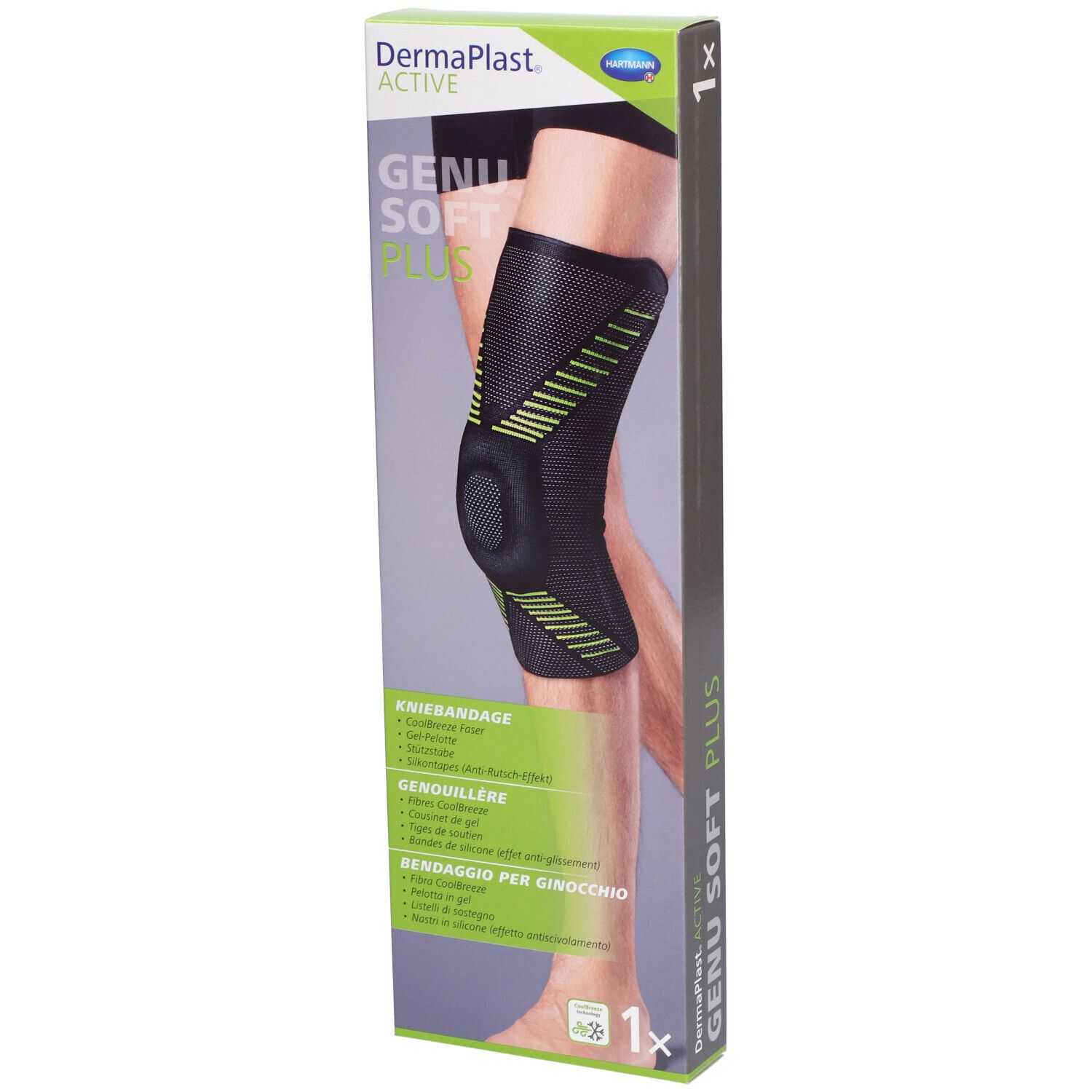 Kniebandage in Verpackung. Schwarz mit grünen Akzenten. Marke Dermaplast Active Genu Soft Plus.