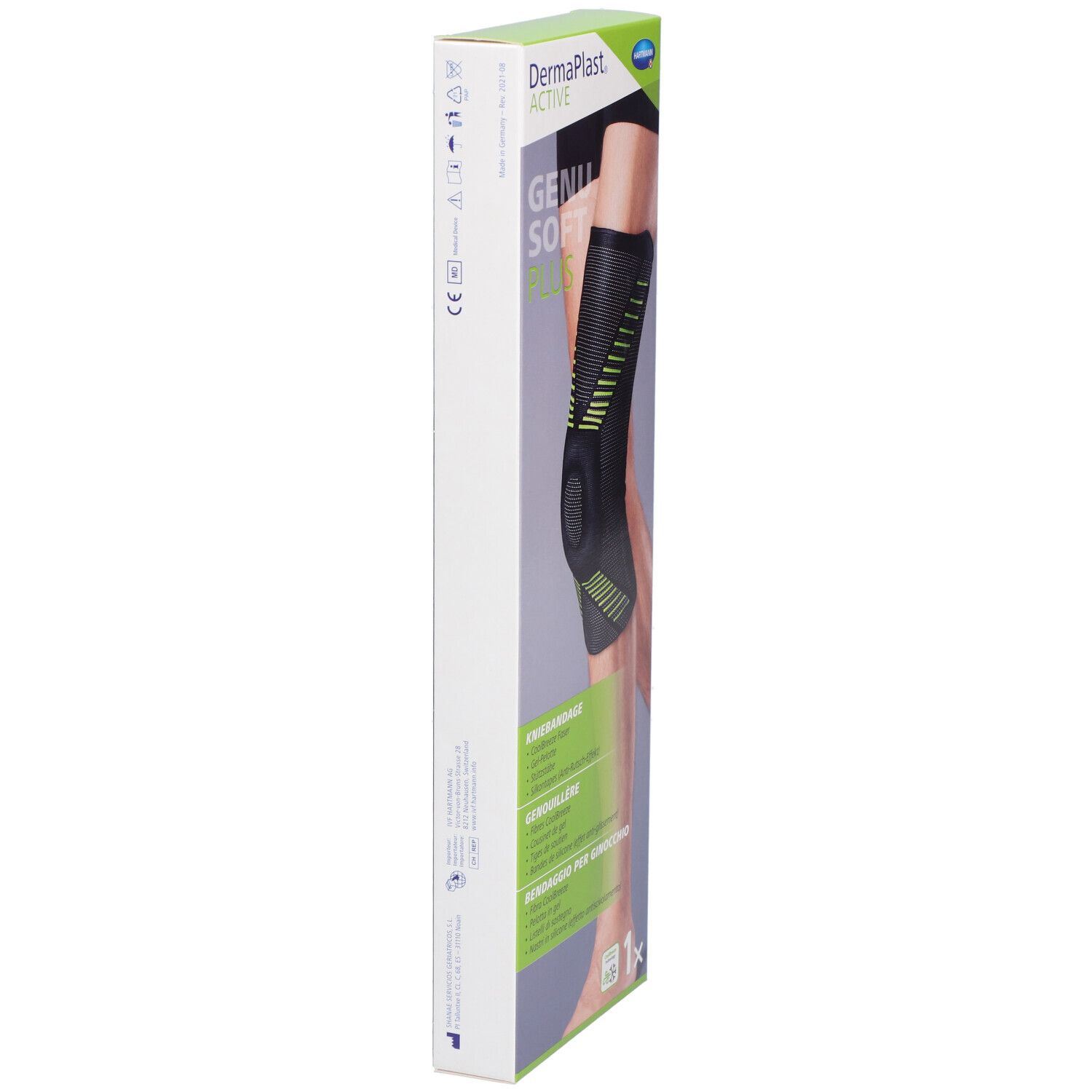 Verpackung der Kniebandage. Seitenansicht. Marke Dermaplast Active Genu Soft Plus.