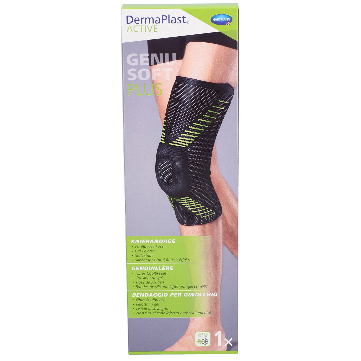 Kniebandage in Verpackung. Schwarz mit grünen Akzenten. Marke Dermaplast Active Genu Soft Plus.
