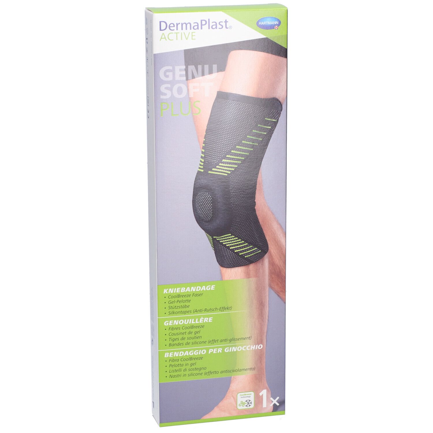 Kniebandage in Verpackung. Schwarz mit grünen Akzenten. Marke Dermaplast Active Genu Soft Plus.