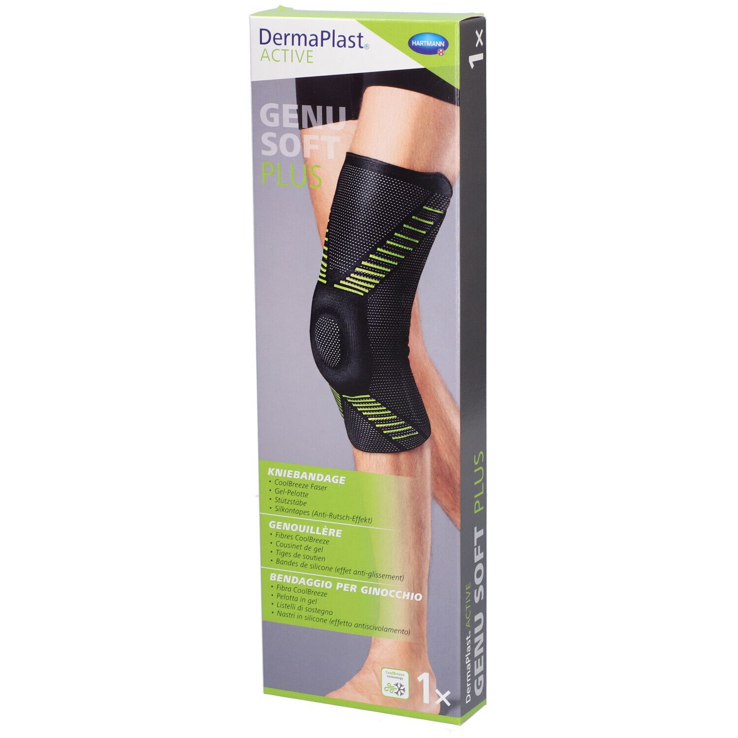 Genouillère dans son emballage. Noir avec des accents verts. Marque : Dermaplast Active Genu Soft Plus. 1 pièce.