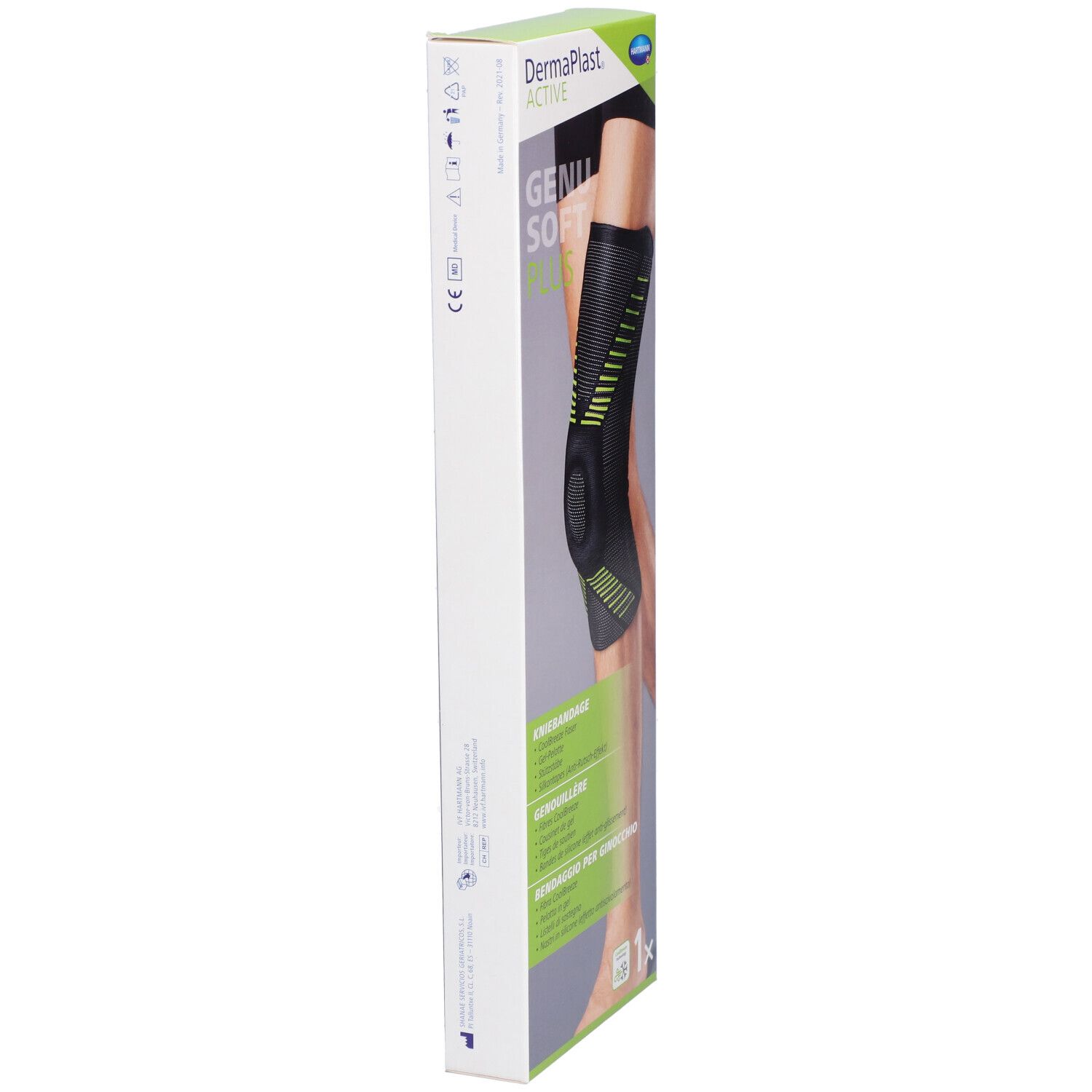 Emballage de la genouillère. Côté avec informations produit. Marque : Dermaplast Active Genu Soft Plus. 1 pièce.