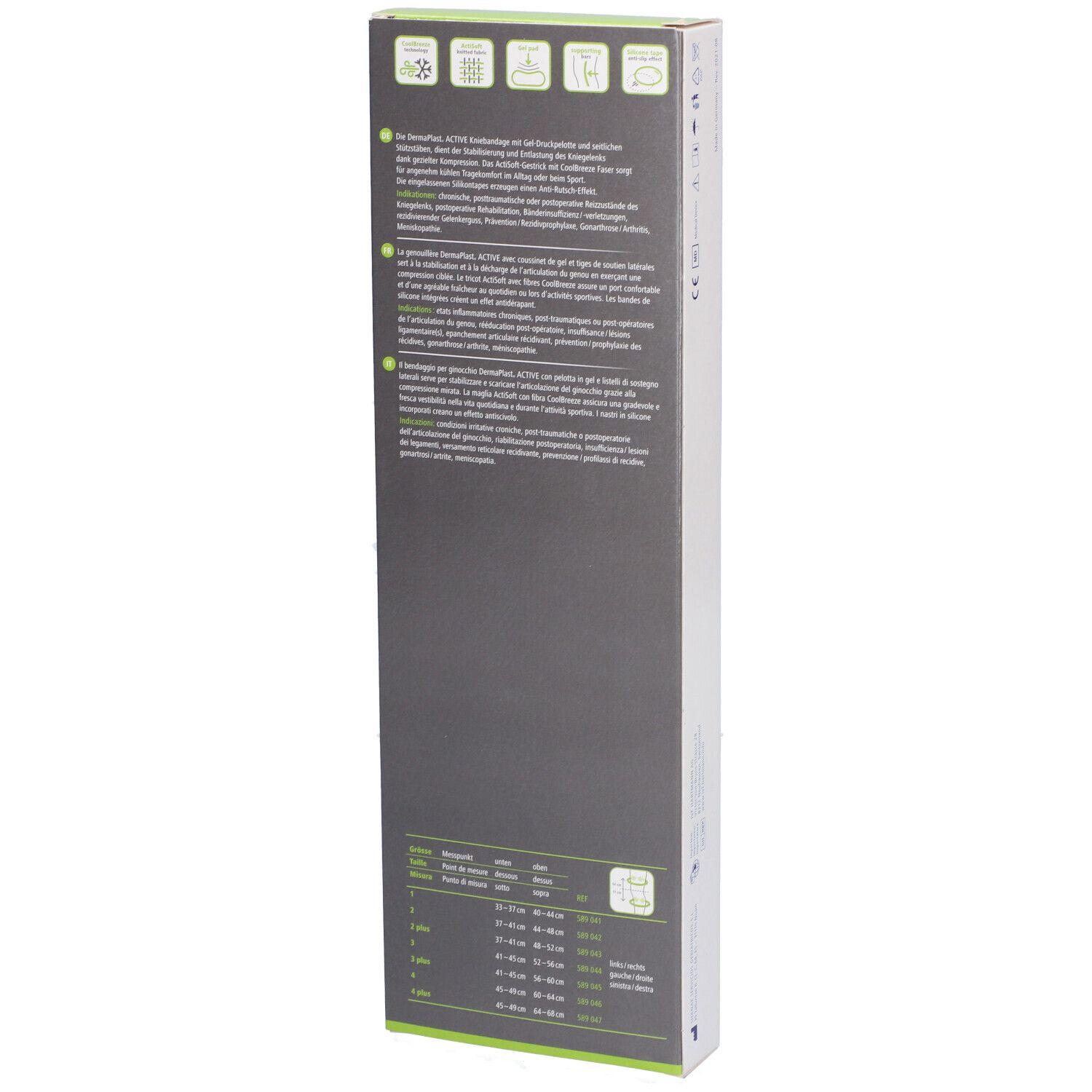 Dos de l'emballage avec informations produit. Marque : Dermaplast Active Genu Soft Plus. Texte multilingue.