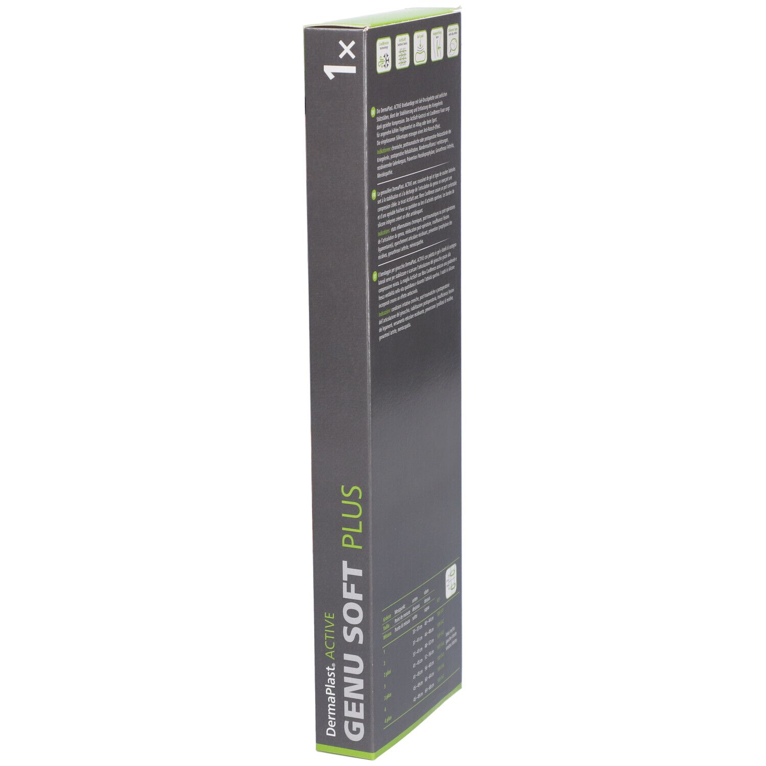 Emballage étroit de la genouillère. Marque : Dermaplast Active Genu Soft Plus. Informations produit sur le côté.