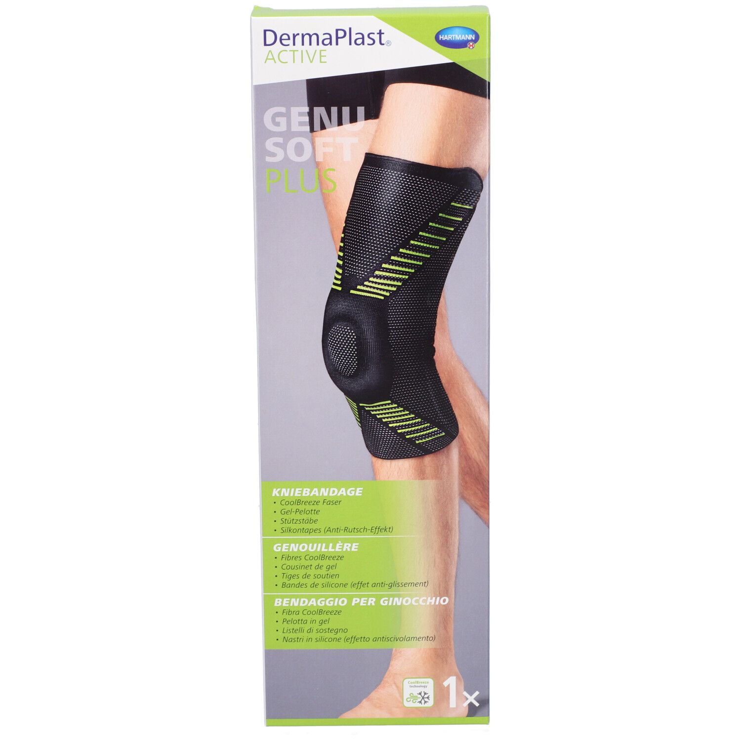 Genouillère dans son emballage. Noir avec des accents verts. Marque : Dermaplast Active Genu Soft Plus. 1 pièce.