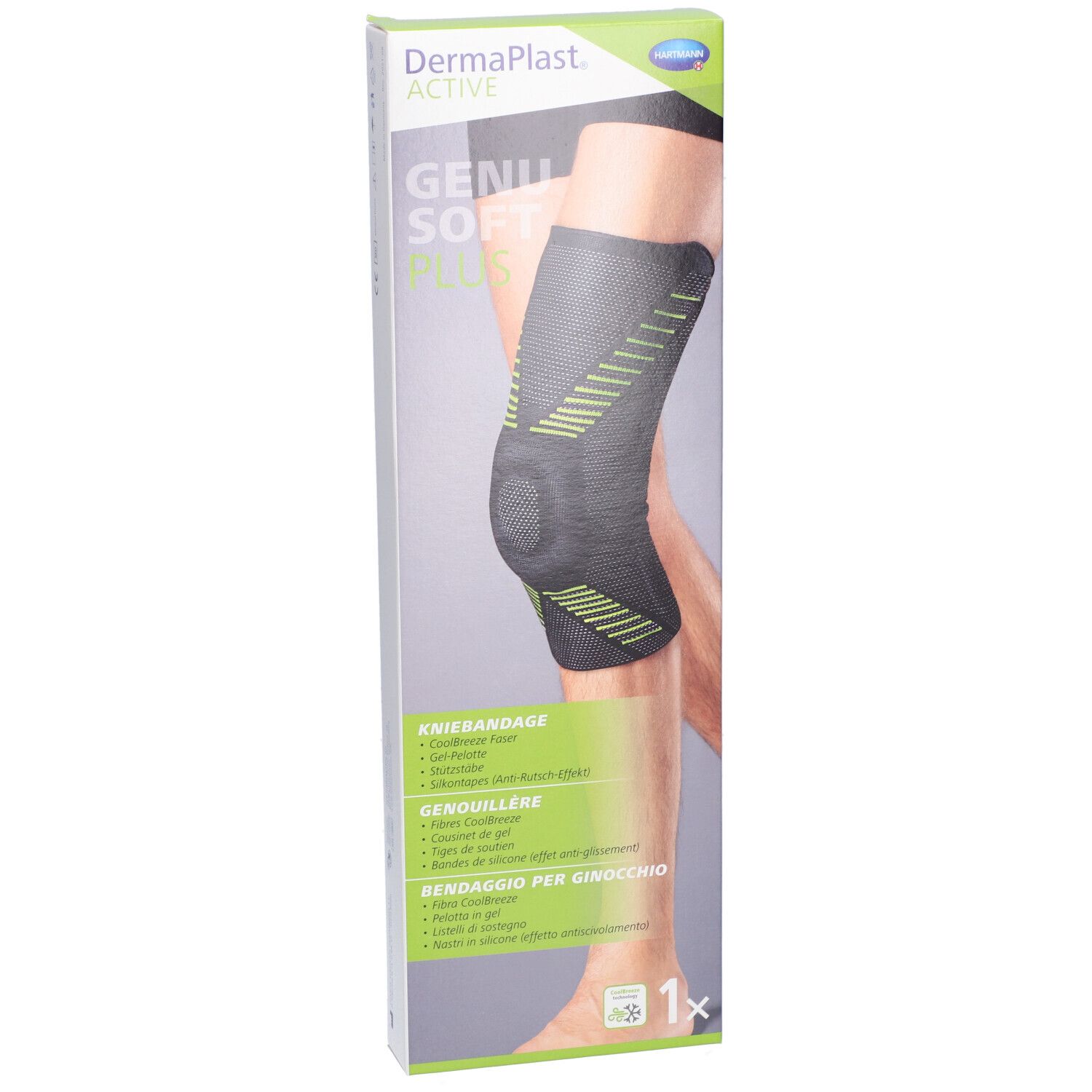 Genouillère dans son emballage. Noir avec des accents verts. Marque : Dermaplast Active Genu Soft Plus. 1 pièce.