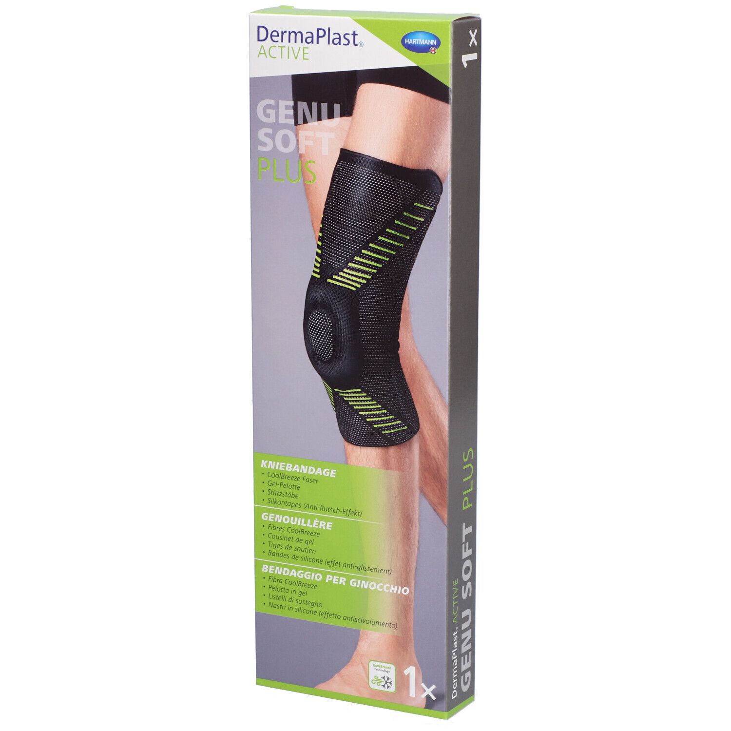Genouillère dans son emballage. Noir avec des accents verts. Marque Dermaplast Active Genu Soft Plus. 1 pièce.
