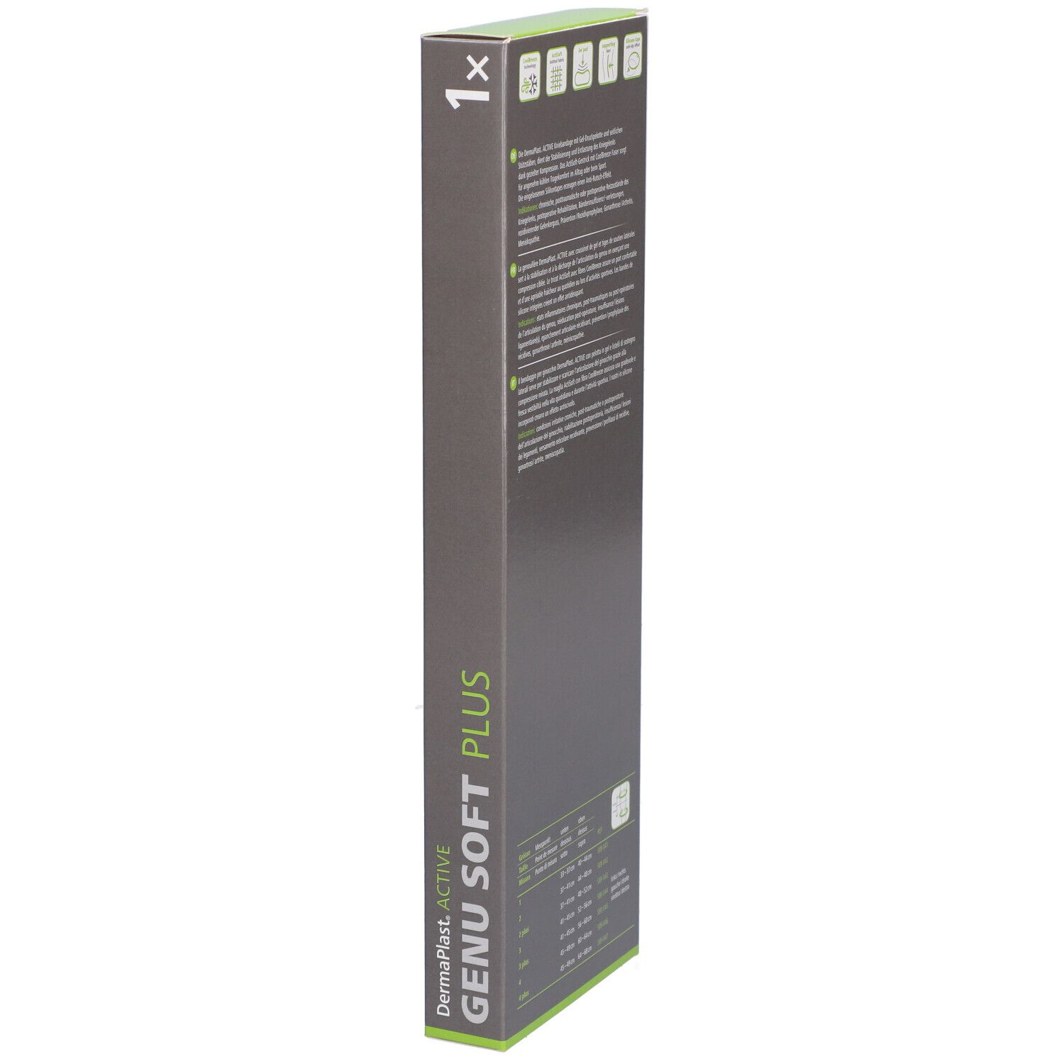 Emballage étroit. Marque Dermaplast Active Genu Soft Plus. Texte et pictogrammes. 1 pièce.