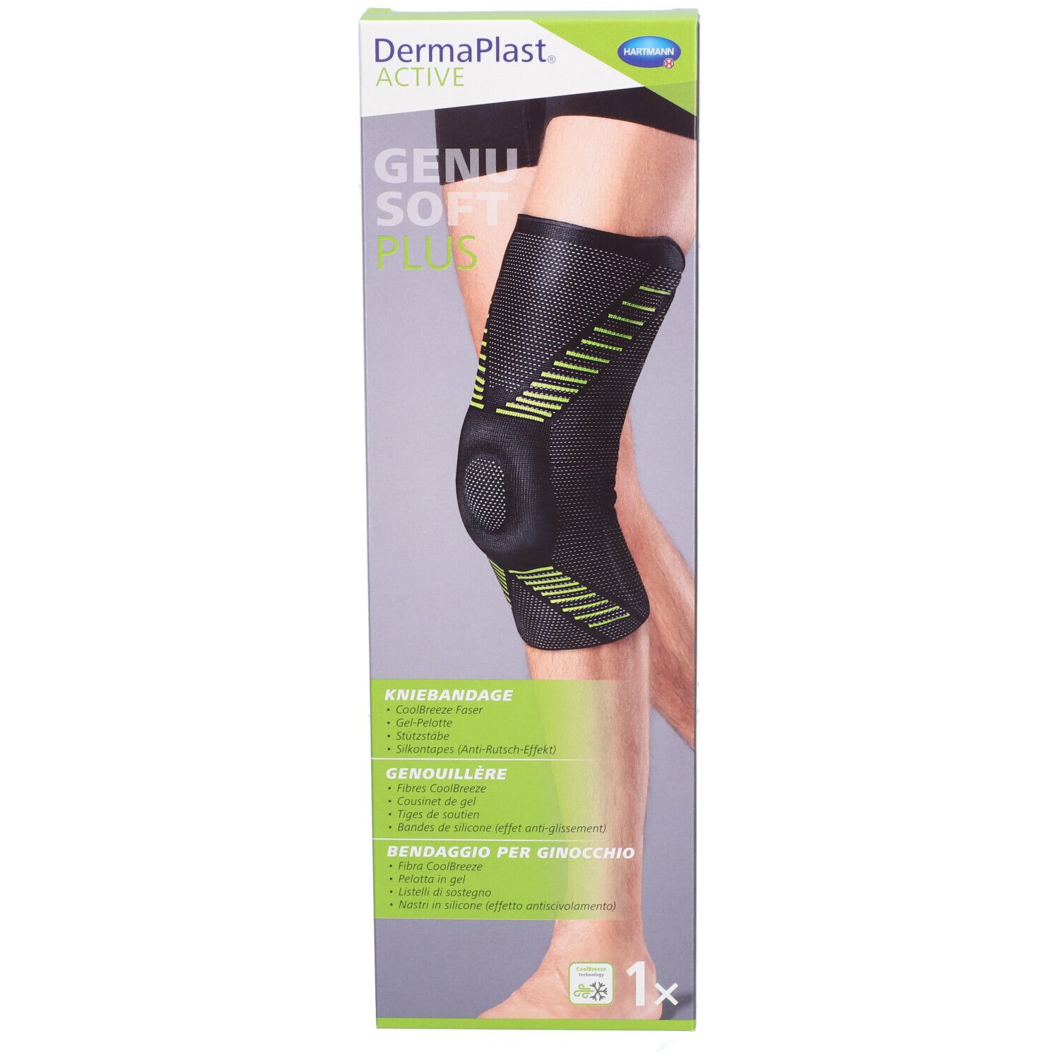 Genouillère dans son emballage. Noir avec des accents verts. Marque Dermaplast Active Genu Soft Plus. Vue de face.