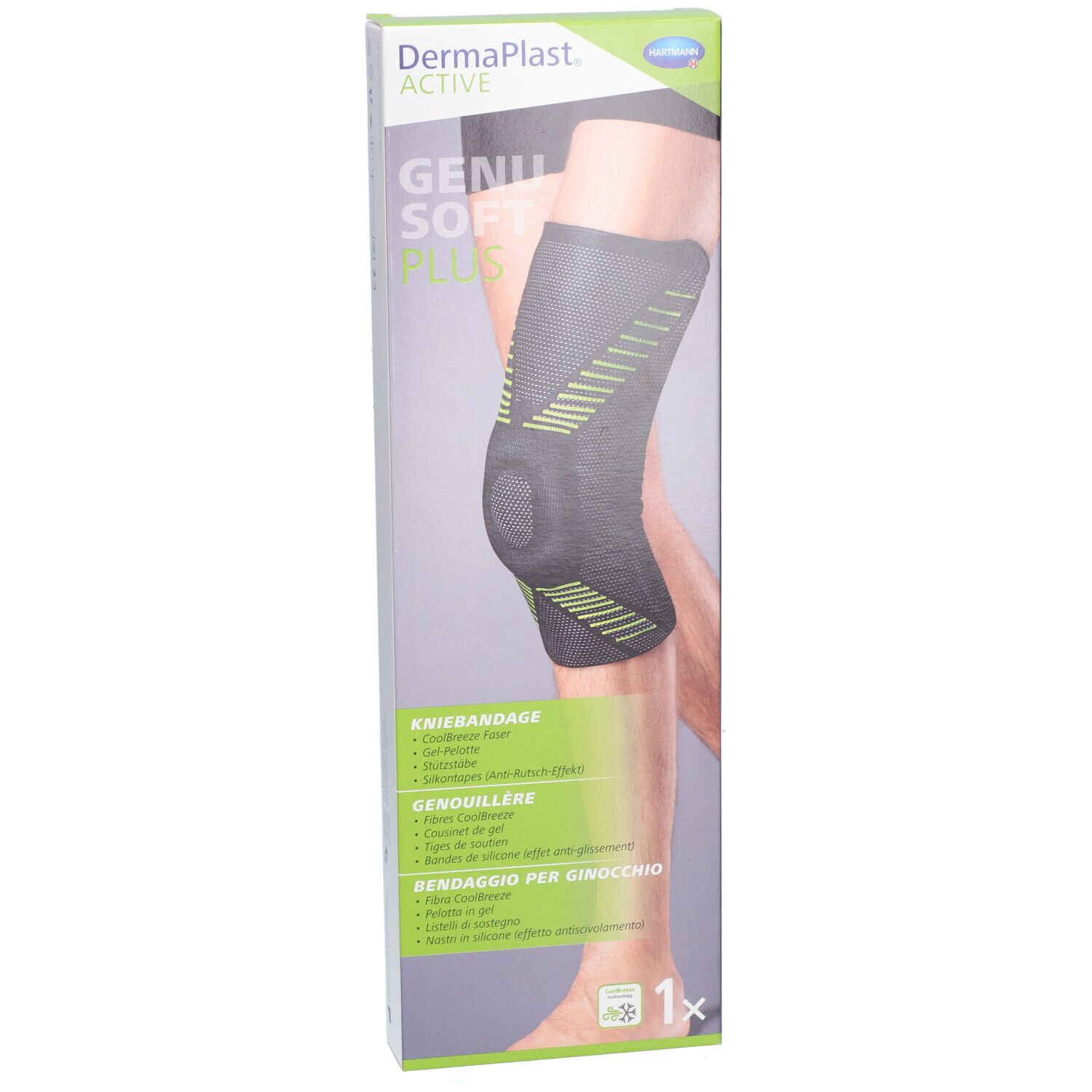 Genouillère dans son emballage. Noir avec des accents verts. Marque Dermaplast Active Genu Soft Plus. Vue de face.