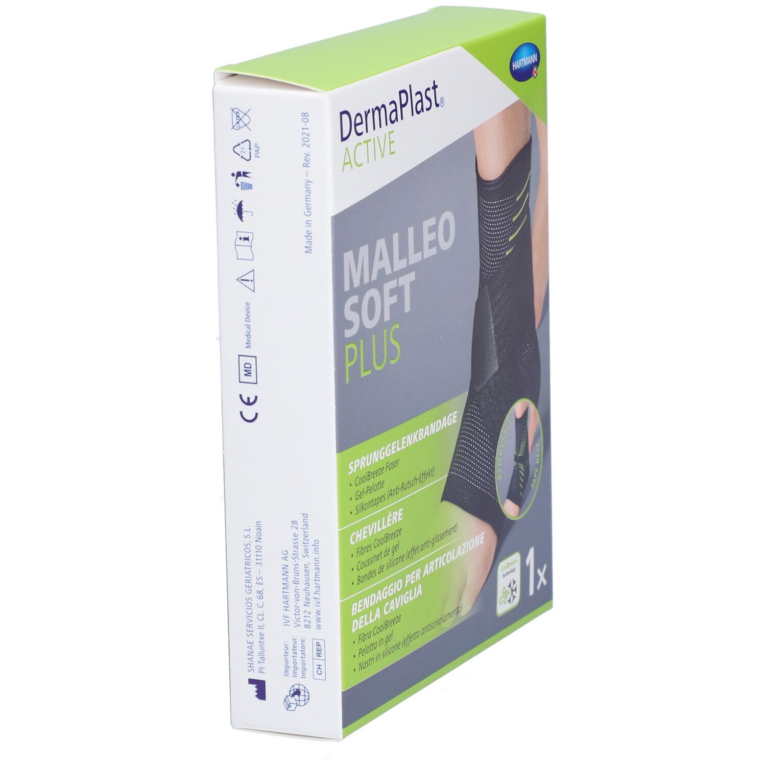 Verpackung von Dermaplast® Aktiv Malleo Soft Plus. Seitenansicht. Grün-weiße Verpackung mit Produktnamen und Logo. CE-Kennzeichnung.