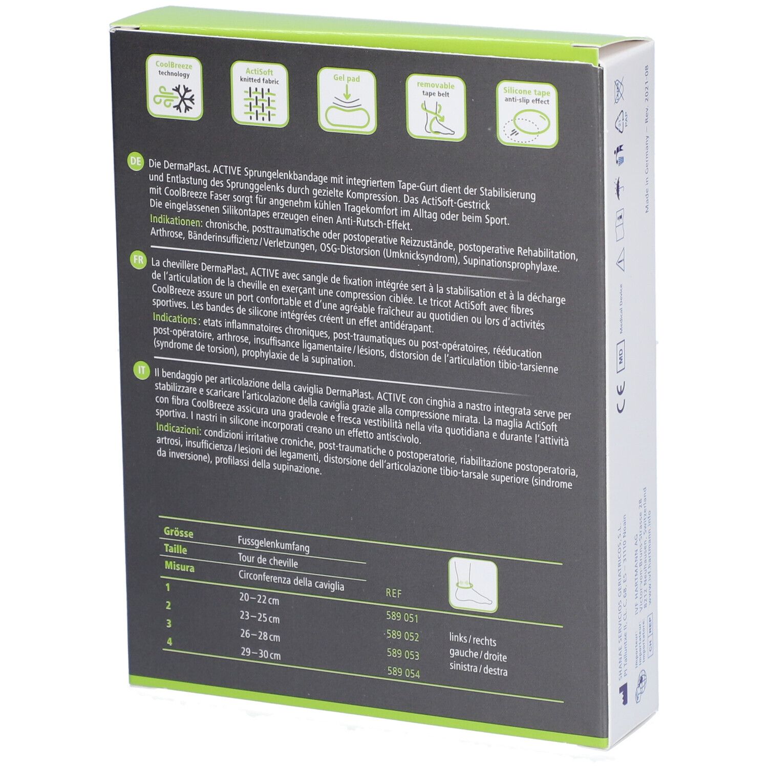 Rückseite der Verpackung von Dermaplast® Aktiv Malleo Soft Plus. Produktinformationen und Größentabelle. Grün-weiße Verpackung.