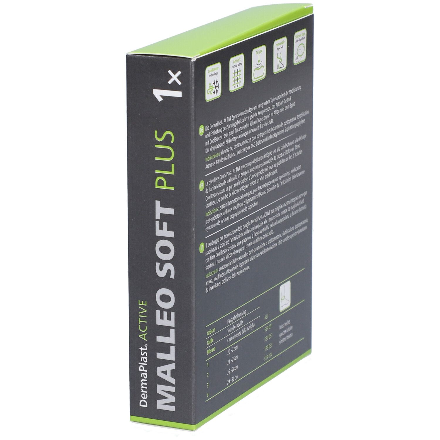 Seitenansicht der Verpackung von Dermaplast® Aktiv Malleo Soft Plus. Produktname und Logo. Grün-weiße Verpackung.