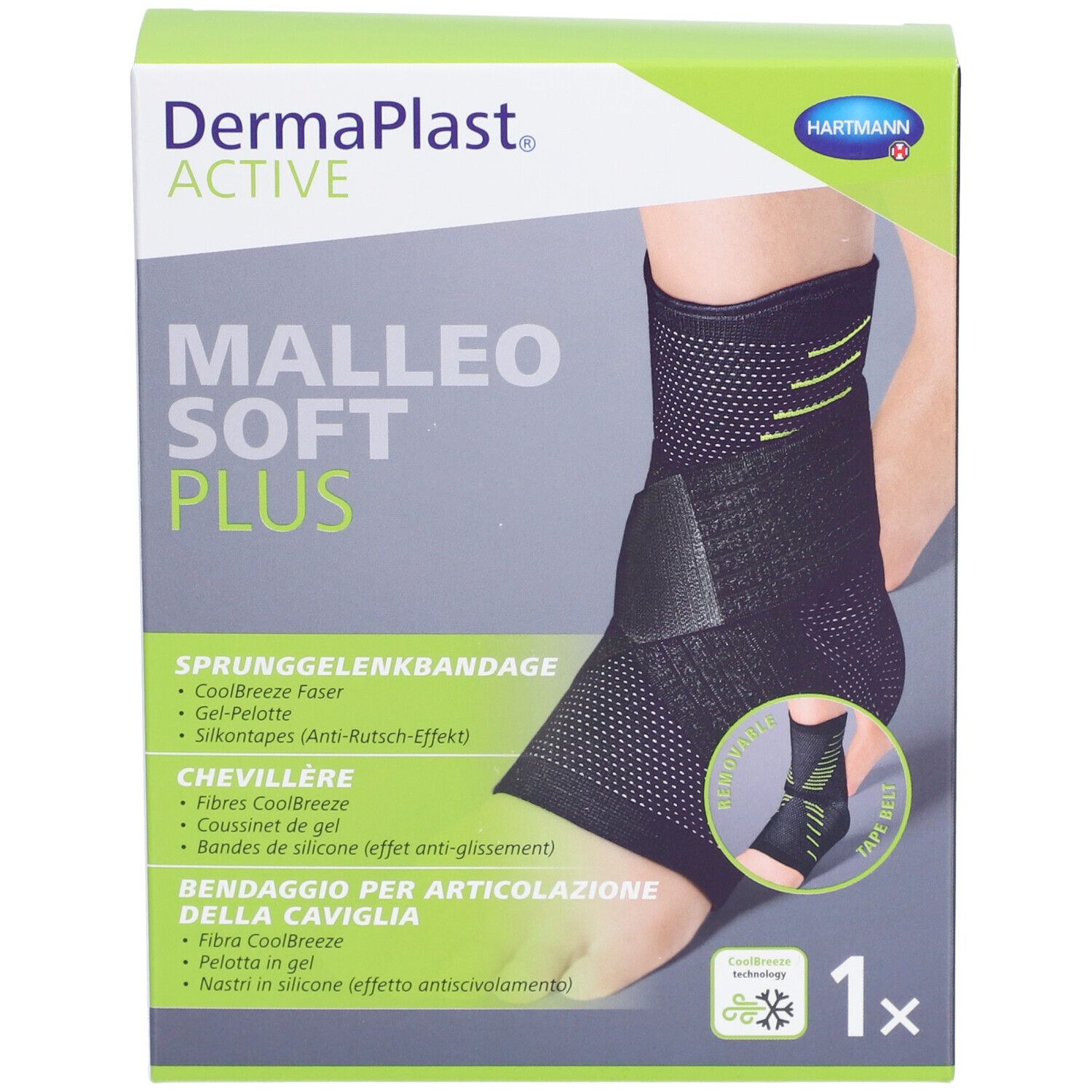 Verpackung von Dermaplast® Aktiv Malleo Soft Plus. Bandage am Fuß abgebildet. Grün-weiße Verpackung mit Produktnamen und Logo.