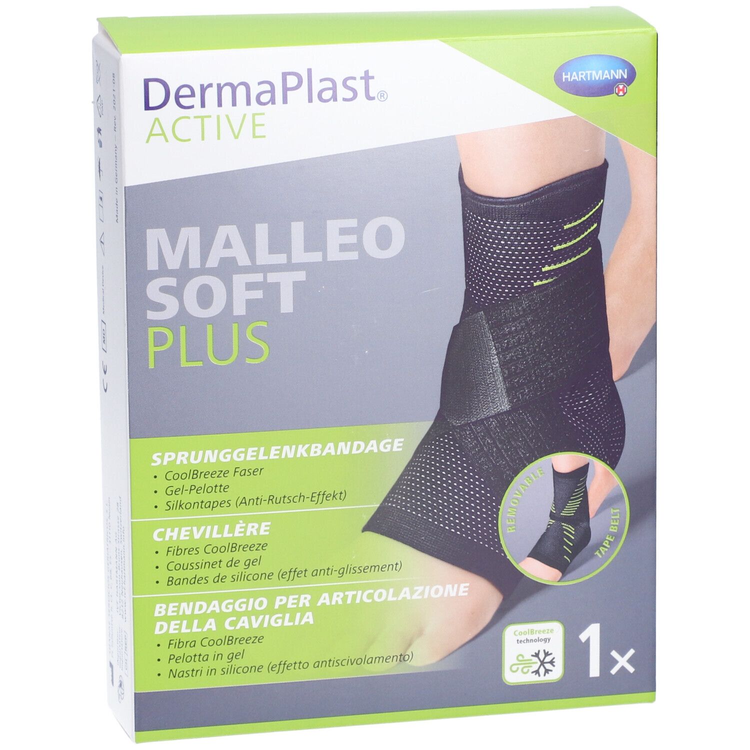 Verpackung von Dermaplast® Aktiv Malleo Soft Plus. Bandage am Fuß abgebildet. Grün-weiße Verpackung mit Produktnamen und Logo.
