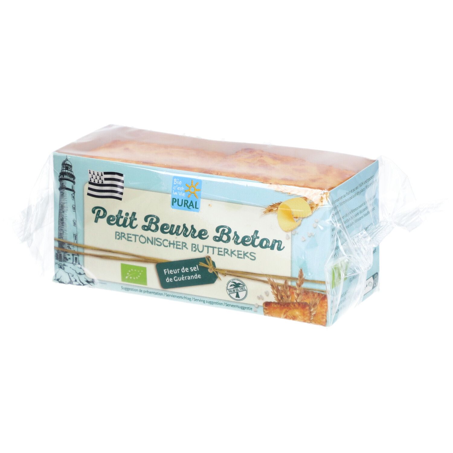 Verpackung mit Butterkeksen. Aufschrift: Petit Beurre Breton, Bretonischer Butterkeks. Mit Siegeln und Logo.