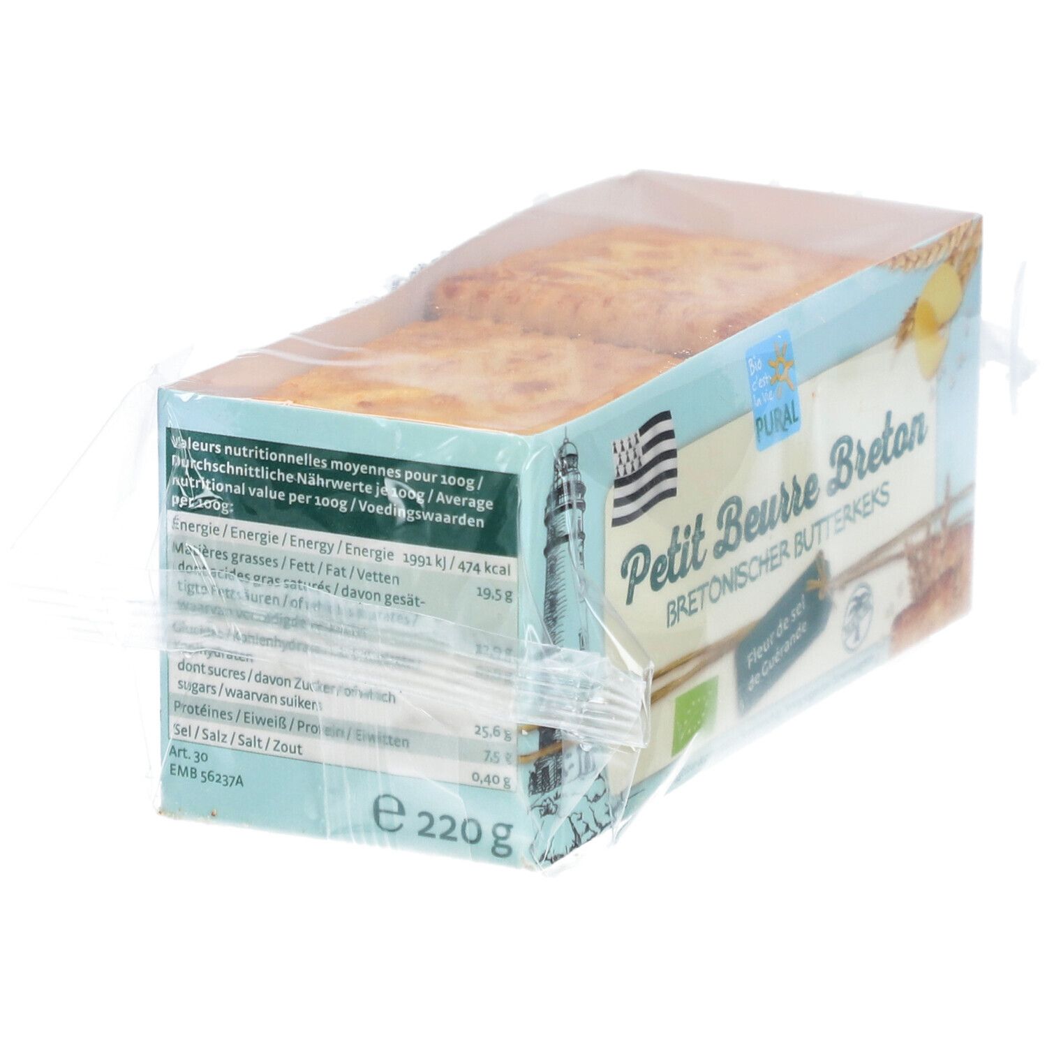 Verpackung mit Butterkeksen. Nährwertangaben auf der Verpackung. Aufschrift: Petit Beurre Breton, 220g.