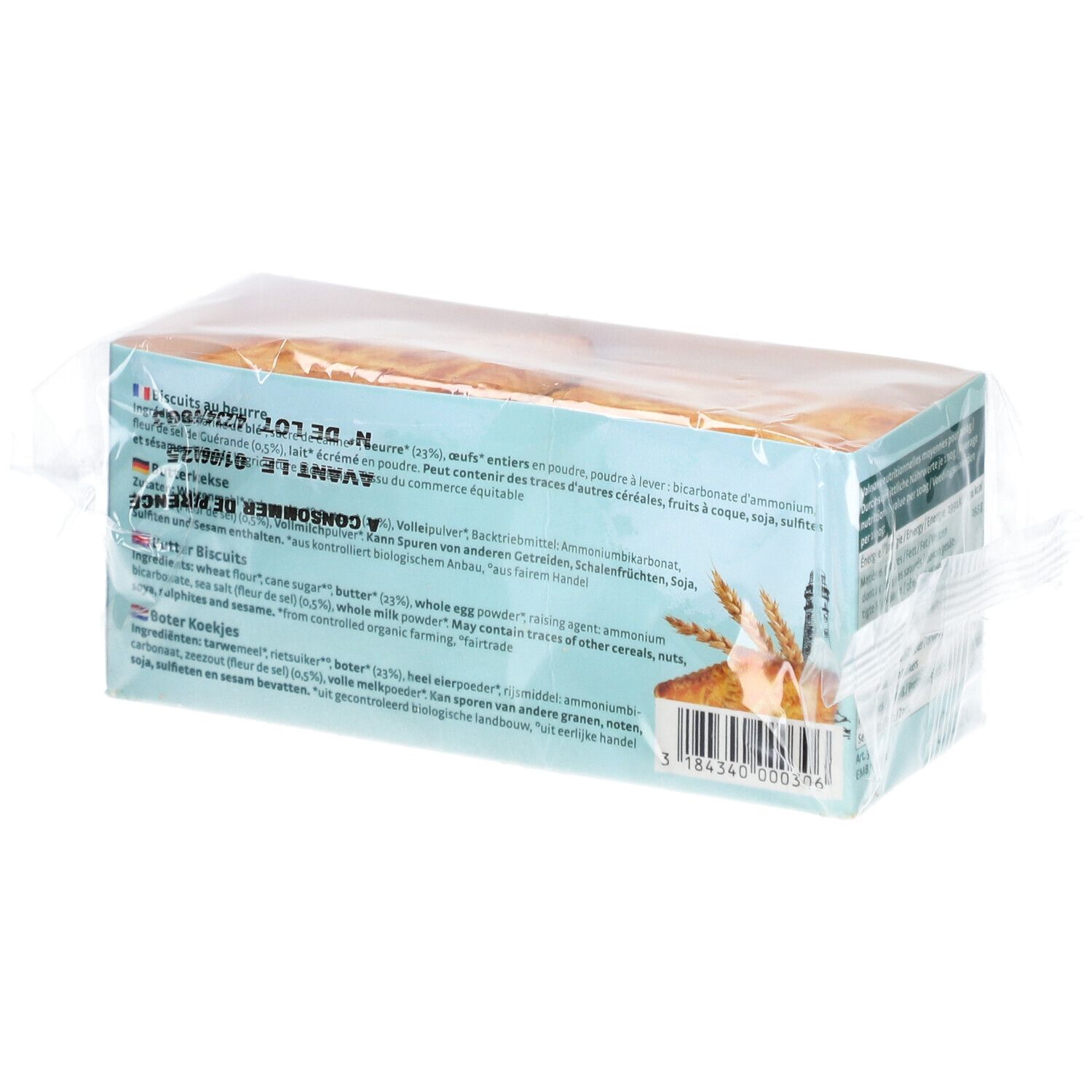 Rückseite der Verpackung mit Butterkeksen. Zutatenliste und Nährwertangaben. Aufschrift: Petit Beurre Breton.