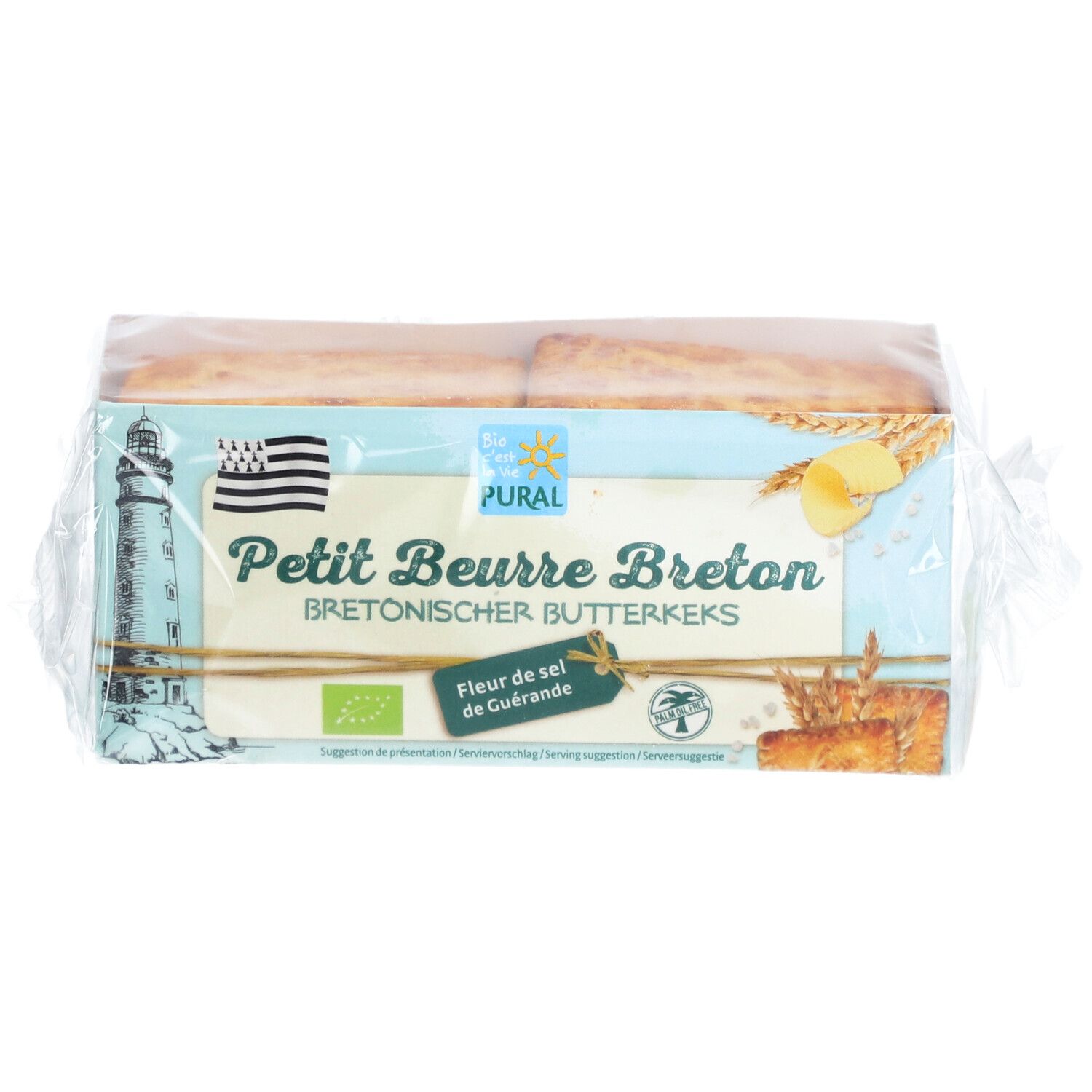 Verpackung mit Butterkeksen. Aufschrift: Petit Beurre Breton, Bretonischer Butterkeks. Mit Siegeln und Logo.