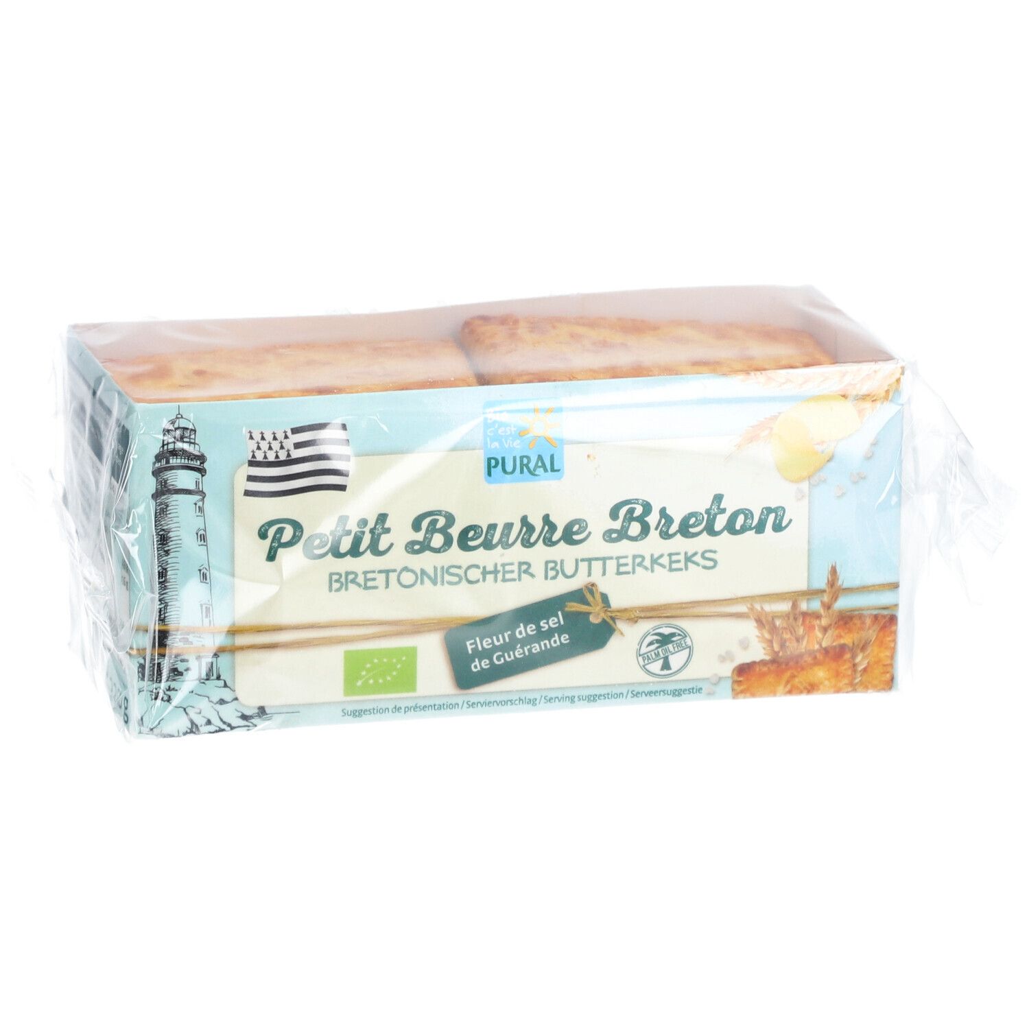 Verpackung mit Butterkeksen. Aufschrift: Petit Beurre Breton, Bretonischer Butterkeks. Mit Siegeln und Logo.