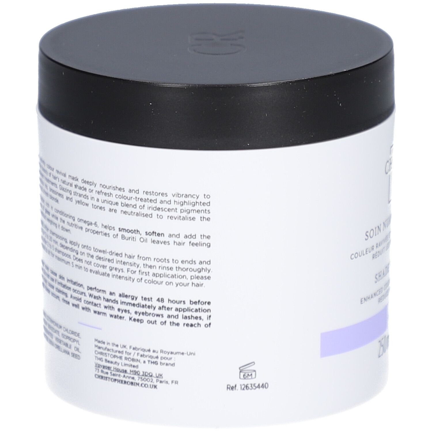 Zylinderförmige Dose mit schwarzem Deckel. Aufschrift: Christophe Robin, Shade Variation Mask. Lila Streifen.