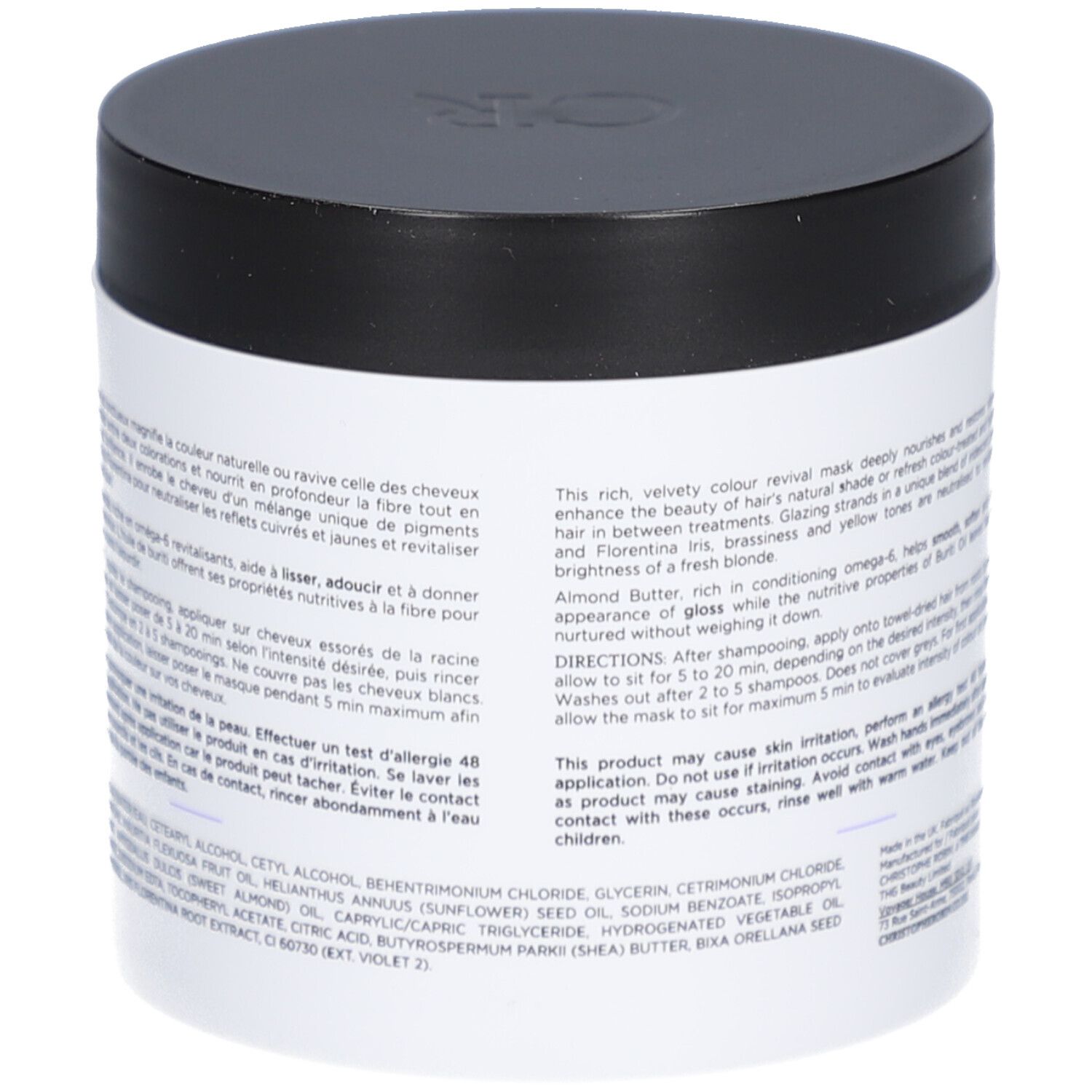 Zylinderförmige Dose mit schwarzem Deckel. Aufschrift: Christophe Robin, Shade Variation Mask. Lila Streifen.