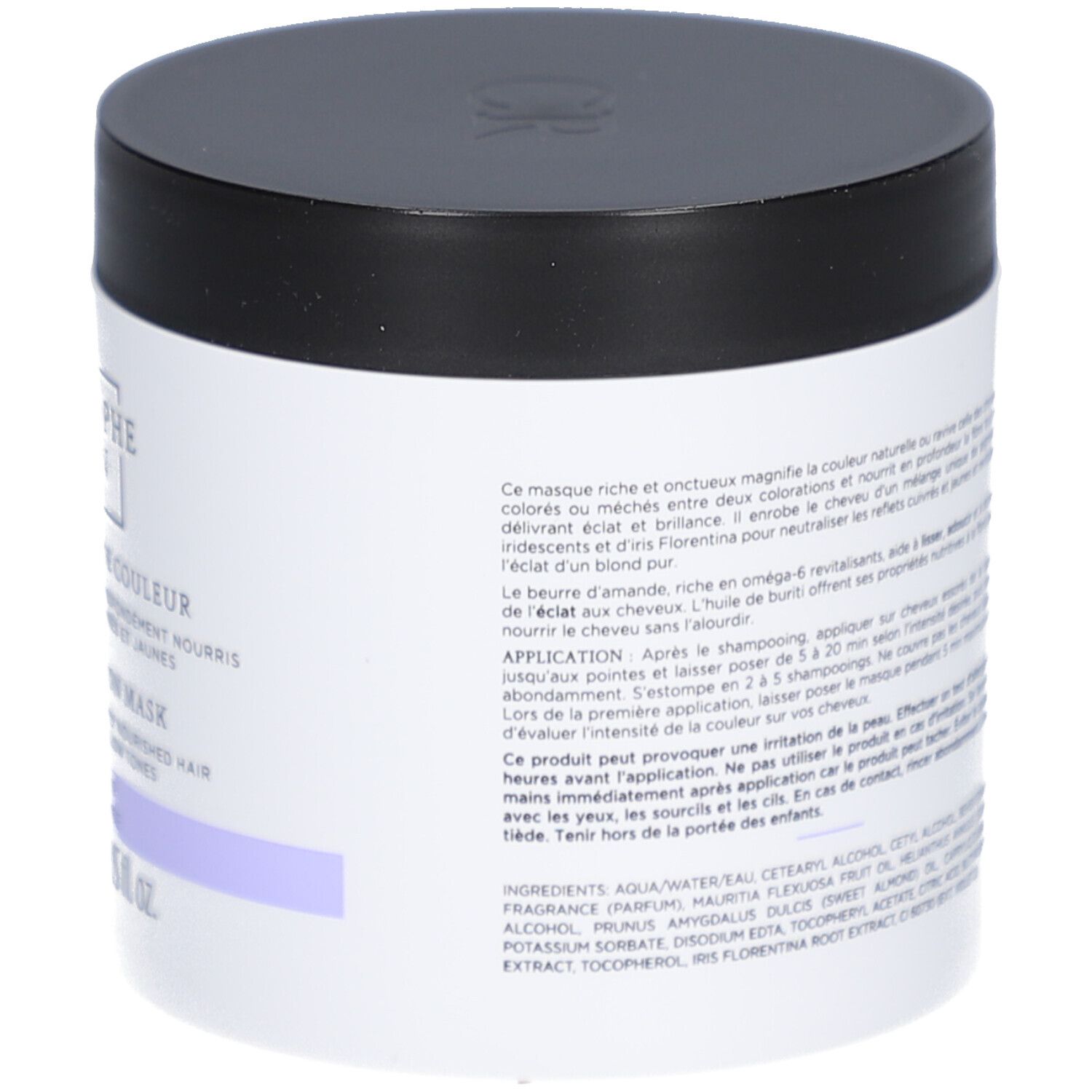 Zylinderförmige Dose mit schwarzem Deckel. Aufschrift: Christophe Robin, Shade Variation Mask. Lila Streifen.