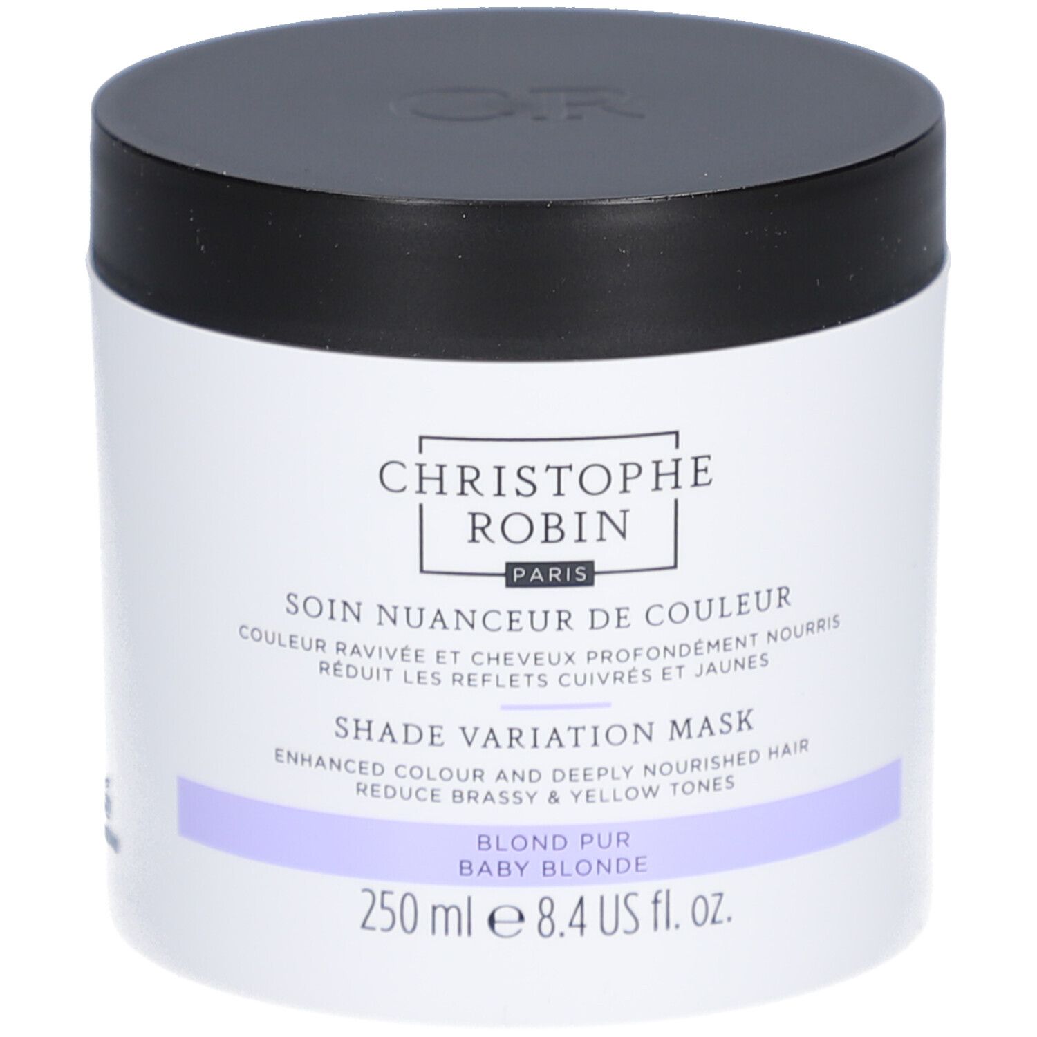 Zylinderförmige Dose mit schwarzem Deckel. Aufschrift: Christophe Robin, Shade Variation Mask. Lila Streifen.