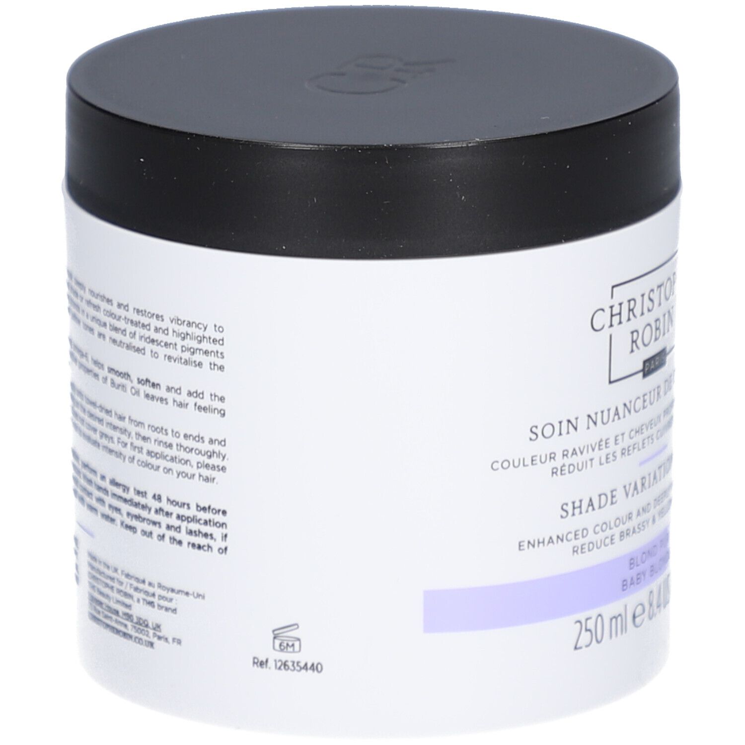 Zylinderförmige Dose mit schwarzem Deckel. Aufschrift: Christophe Robin, Shade Variation Mask. Lila Streifen.