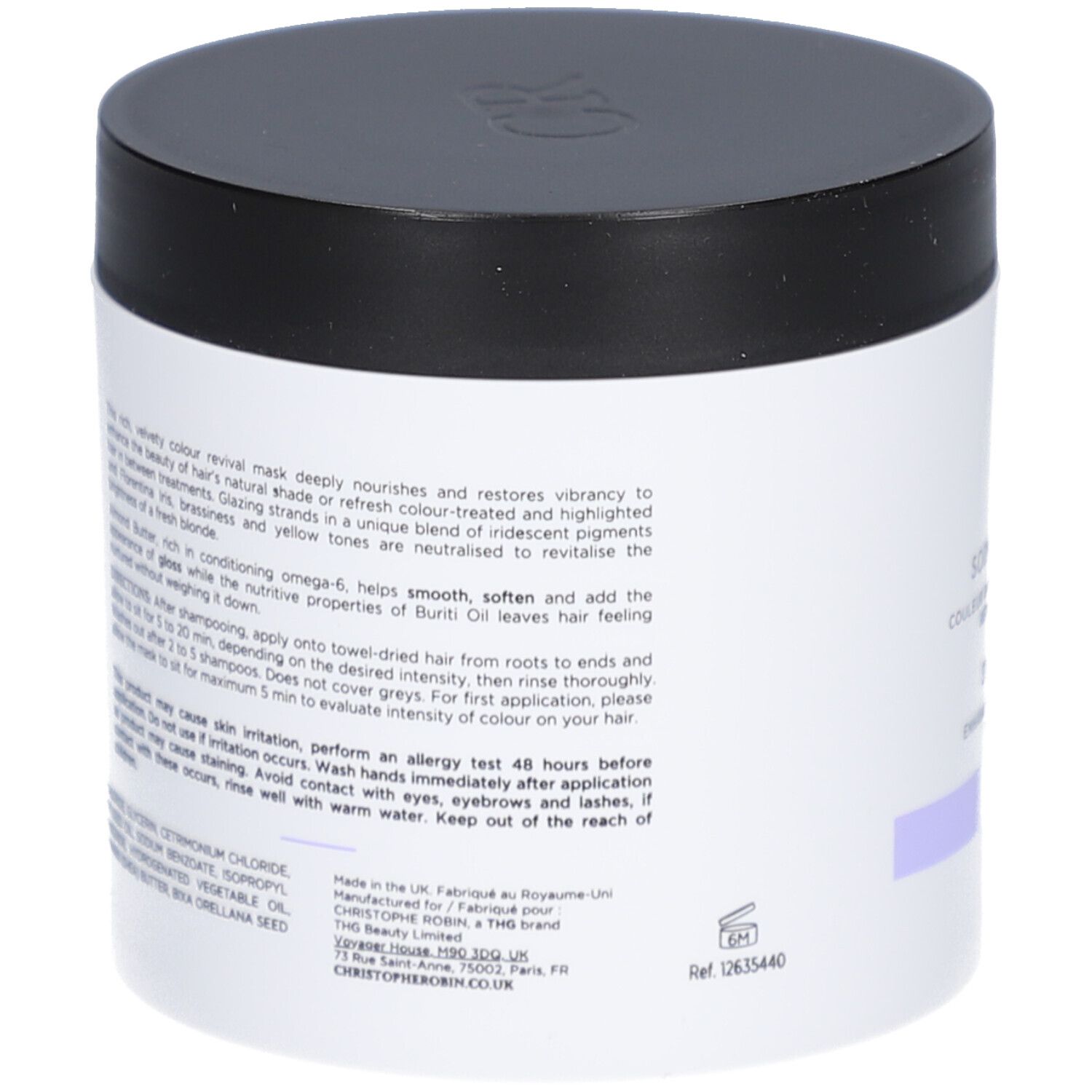 Zylinderförmige Dose mit schwarzem Deckel. Aufschrift: Christophe Robin, Shade Variation Mask. Lila Streifen.