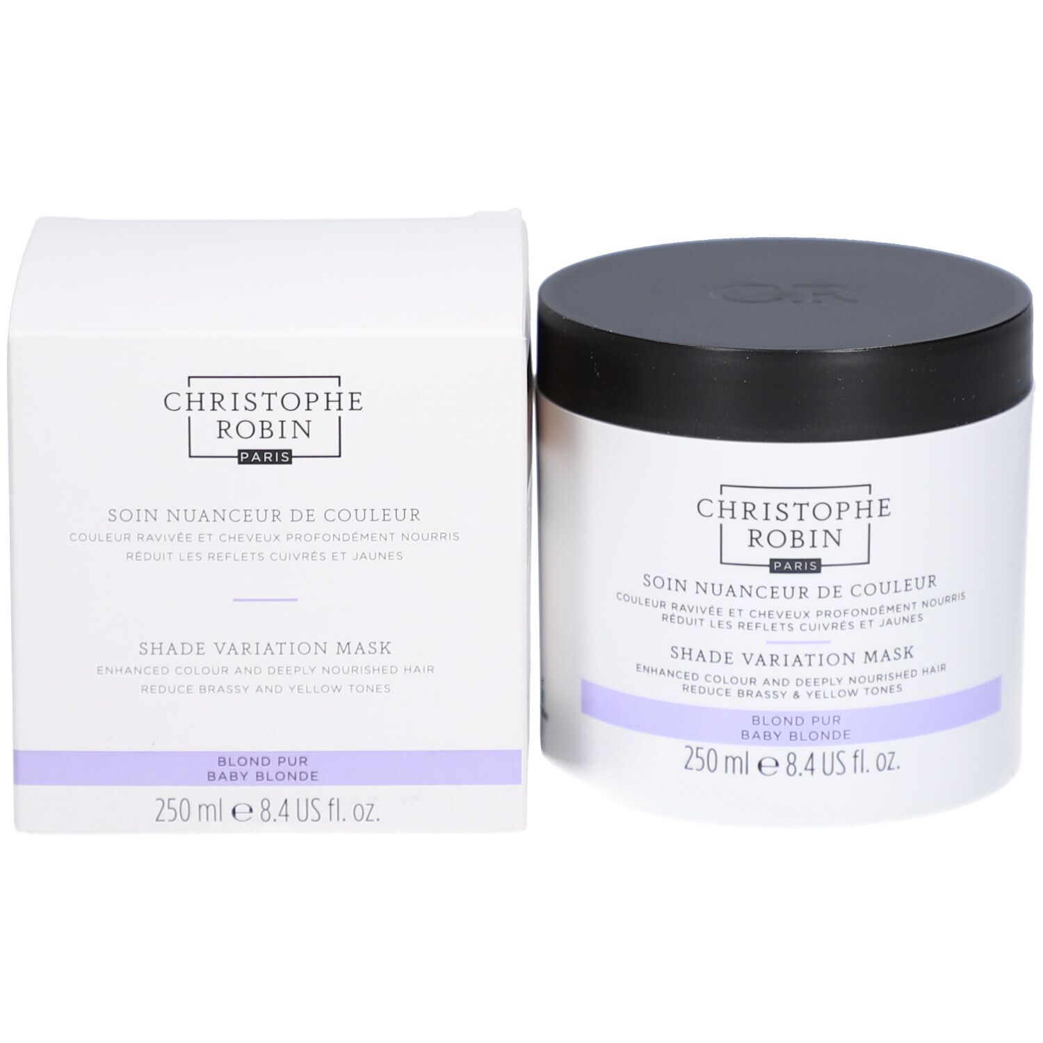 Produktverpackung: Dose und Schachtel. Aufschrift: Christophe Robin, Shade Variation Mask. Lila Streifen.