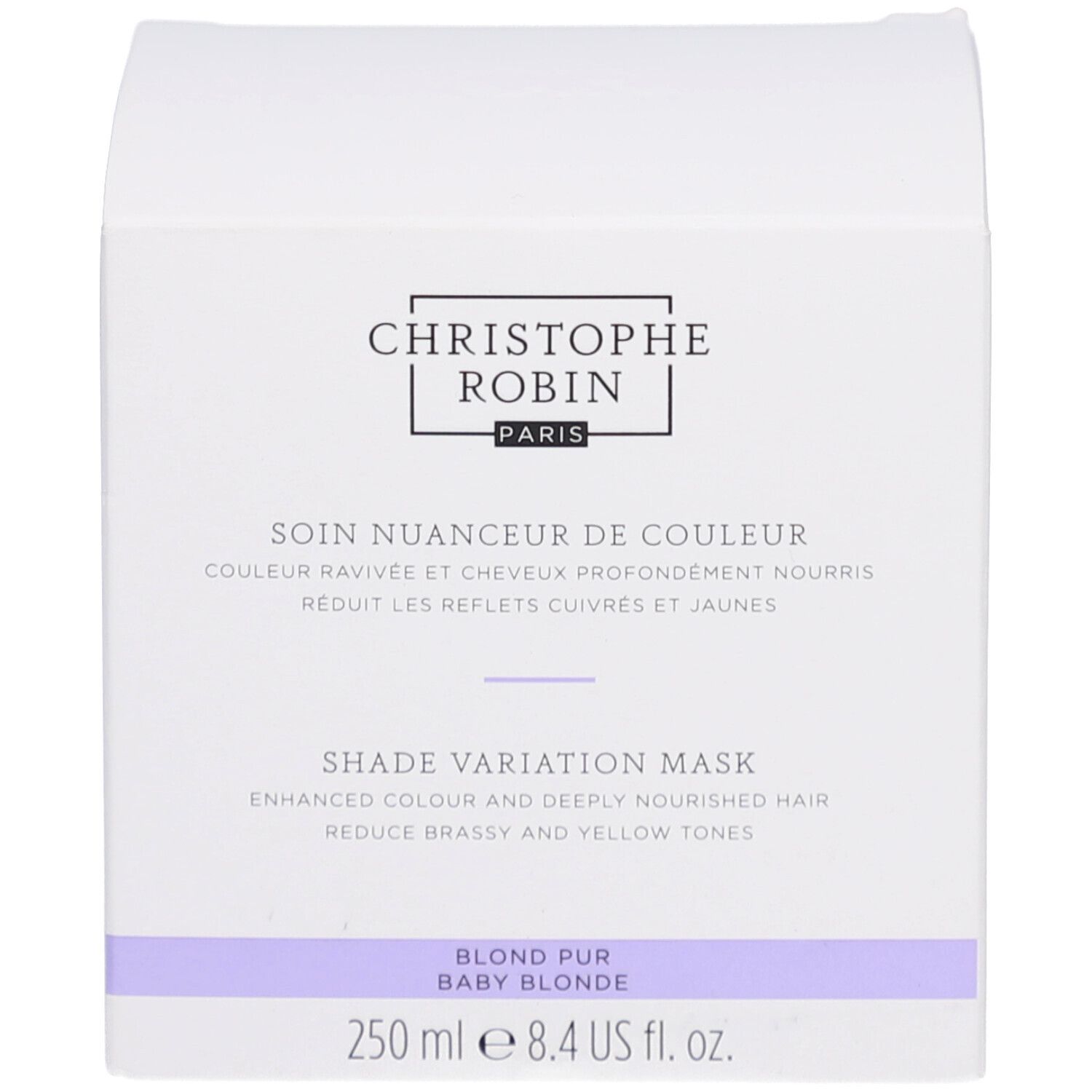 Weiße Schachtel. Aufschrift: Christophe Robin, Shade Variation Mask. Lila Streifen. 250 ml.