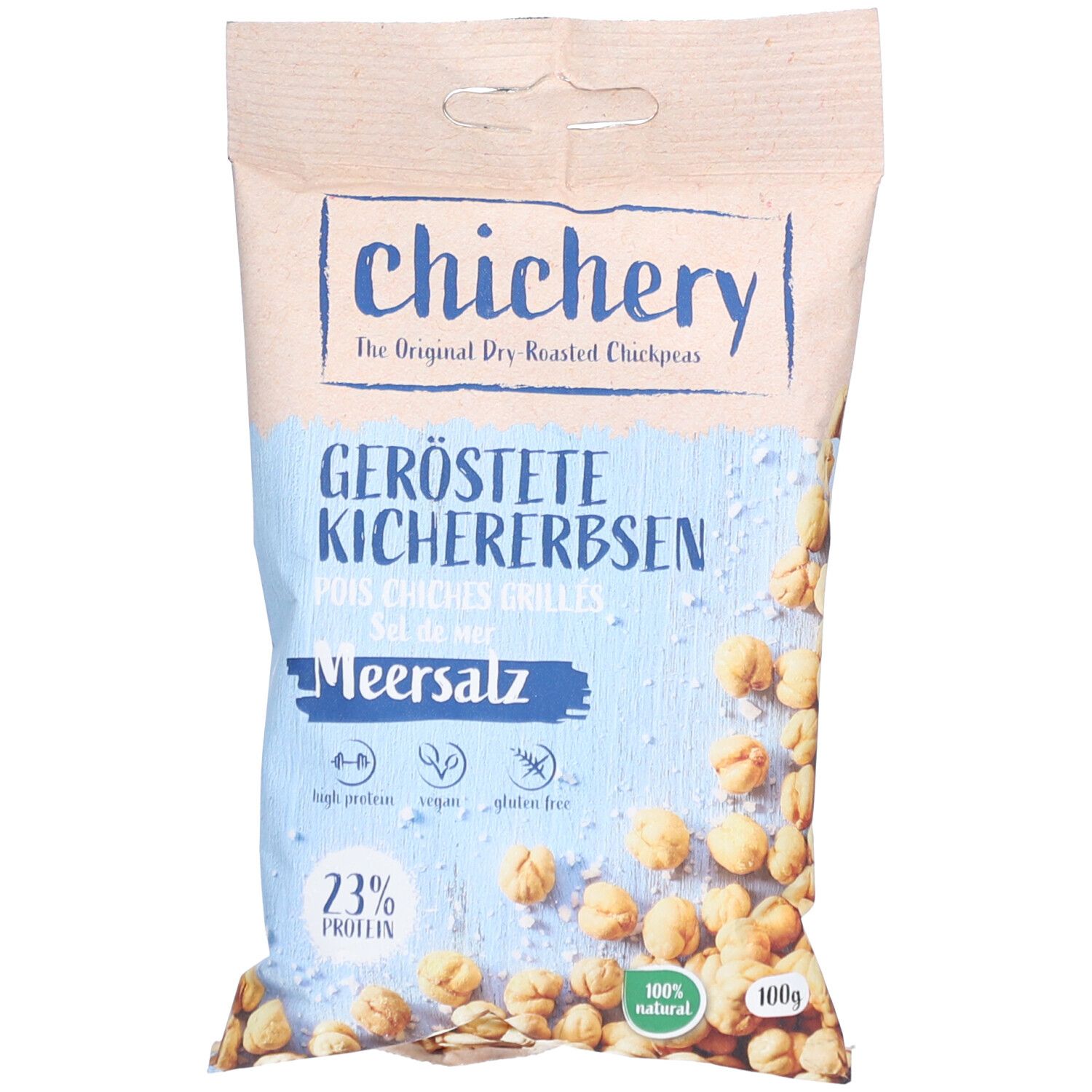 Beutel mit gerösteten Kichererbsen, Meersalz. Aufdruck: 'chichery', '23% Protein', '100% natural'.