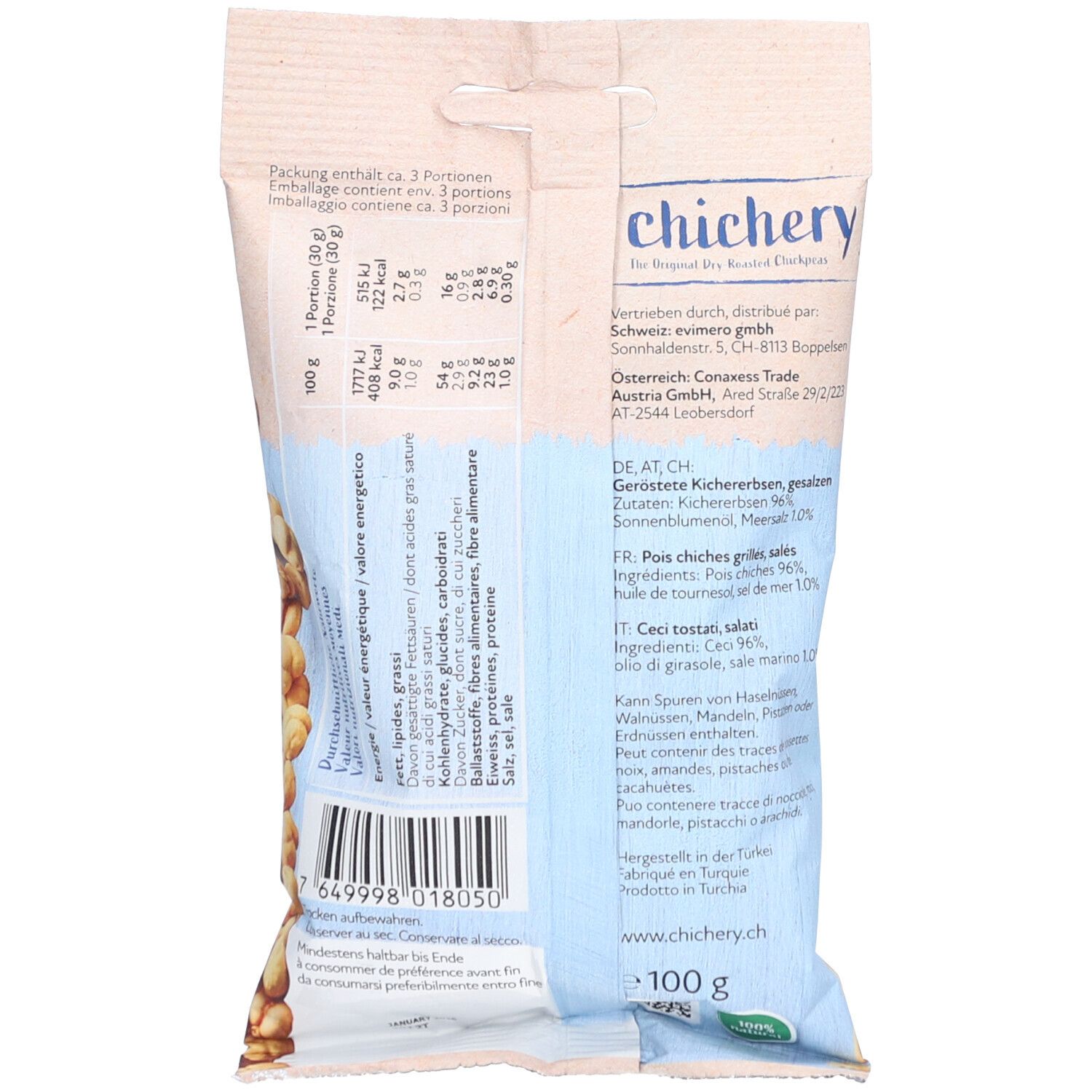 Rückseite der Verpackung mit Nährwertangaben und Zutatenliste. Aufdruck: 'chichery', '100 g'.