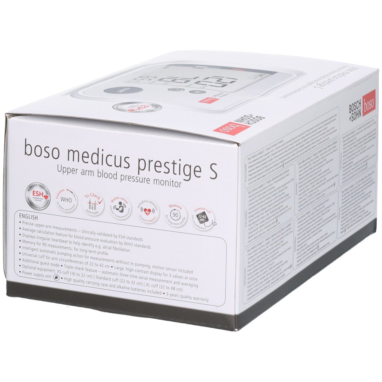 Verpackung eines Oberarm-Blutdruckmessgeräts von Boso, Modell 'medicus prestige S'.