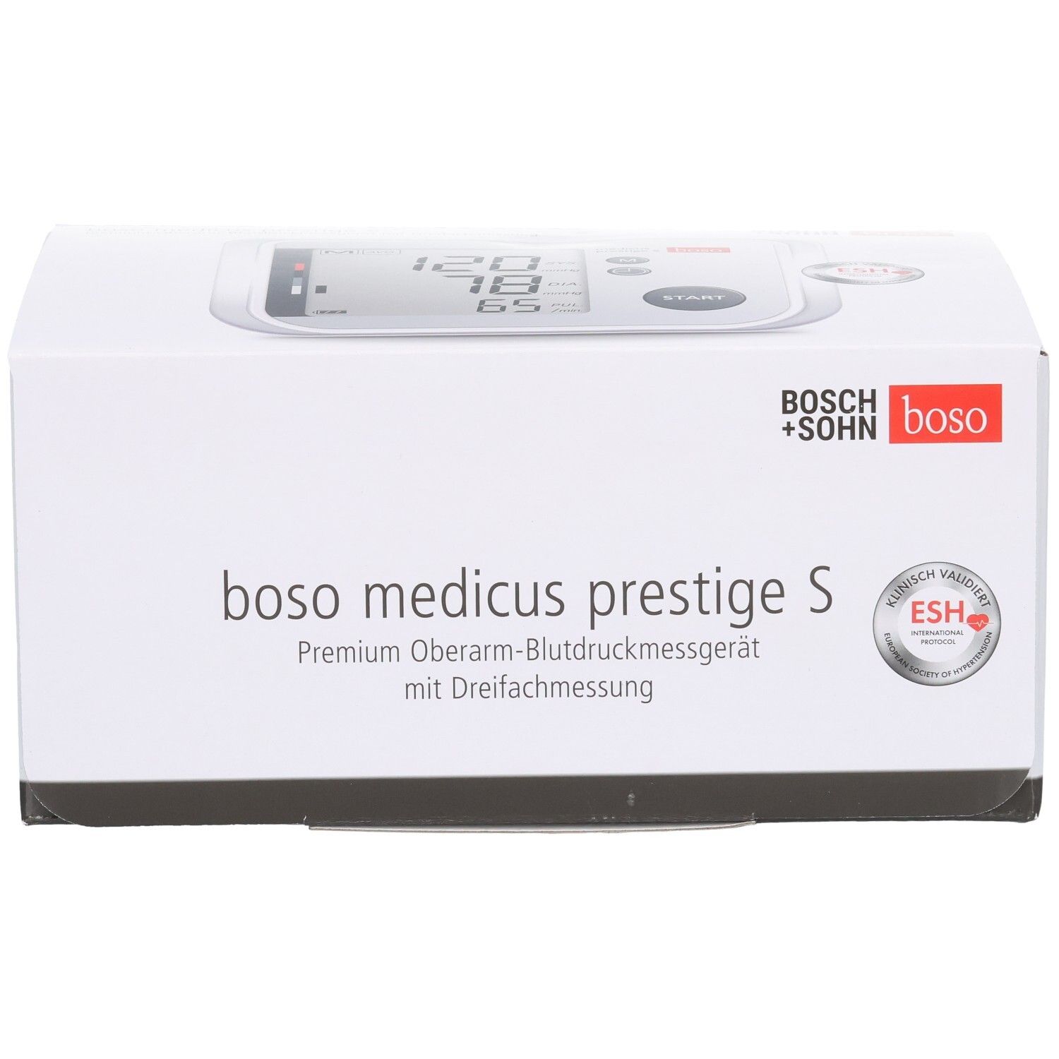 Verpackung eines Oberarm-Blutdruckmessgeräts von Boso, Modell 'medicus prestige S', mit ESH-Siegel.