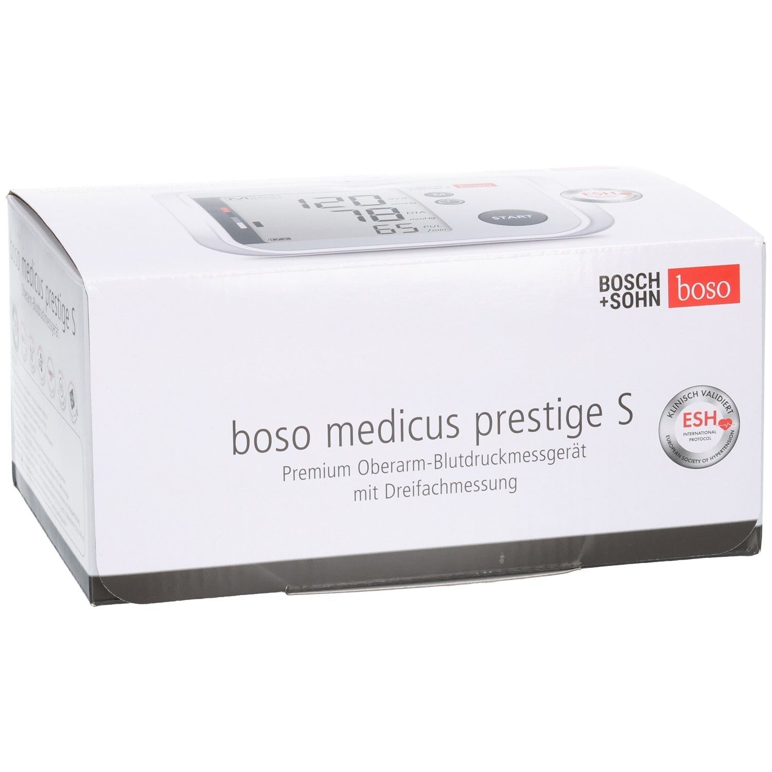 Verpackung eines Oberarm-Blutdruckmessgeräts von Boso, Modell 'medicus prestige S', mit ESH-Siegel.