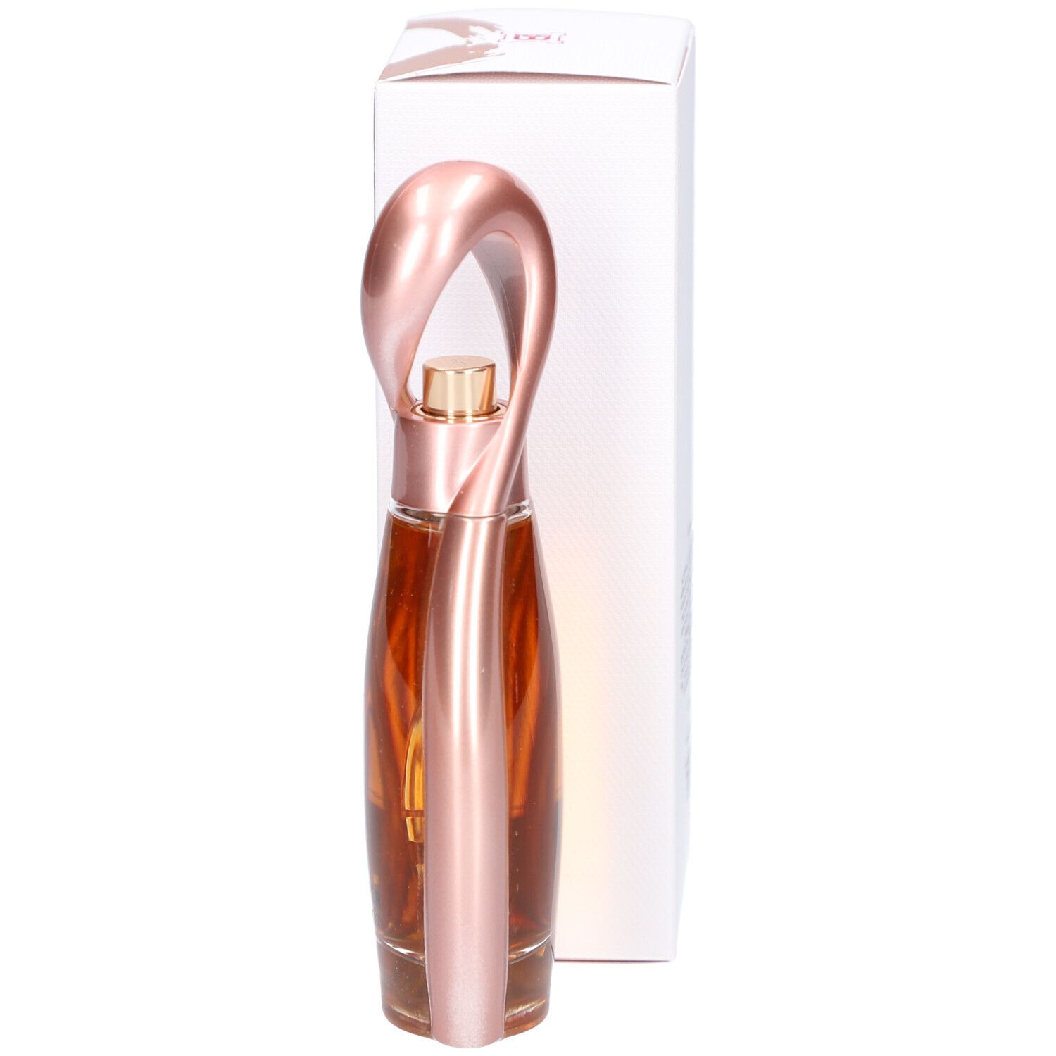Parfümflasche mit rosafarbenem Metallrahmen und goldfarbenem Inhalt. Auf der Verpackung steht "FOREVER Laura Biagiotti".