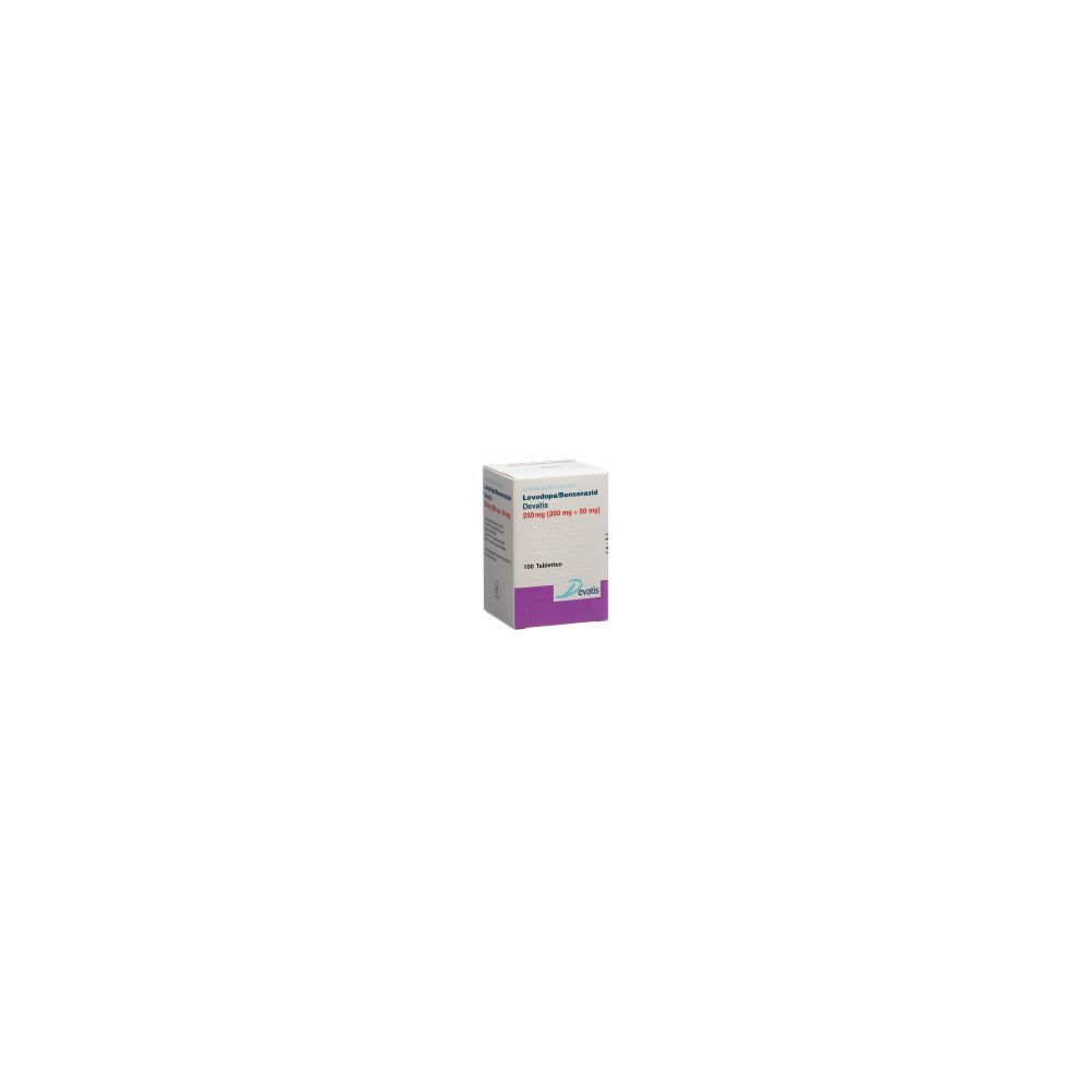 Karton mit Produktinformationen. Aufschrift: LEVODOPA/BENSERAZID Devatis Tabl 250 mg. Lila und weiße Farbgebung.