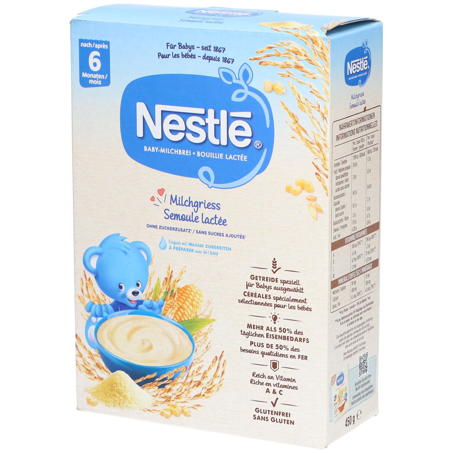 Nestlé Bouillie Lactée-Verpackung. Blaue Box mit Produktnamen und Illustrationen. Enthält Informationen zu Inhaltsstoffen und Zubereitung.