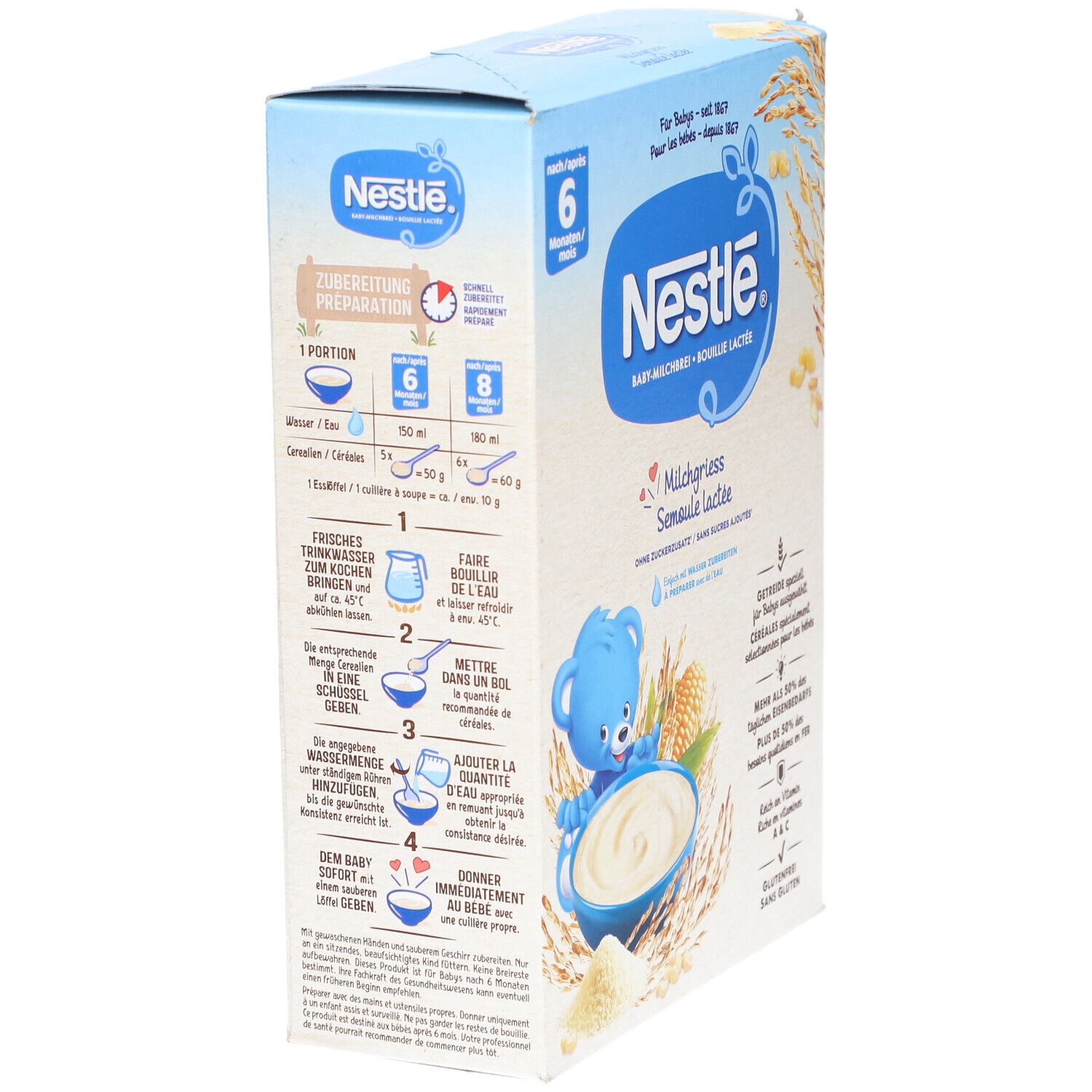 Nestlé Bouillie Lactée-Verpackung, Seitenansicht. Zeigt Zubereitungshinweise und Produktinformationen. Blaue Box mit Nestlé-Logo.