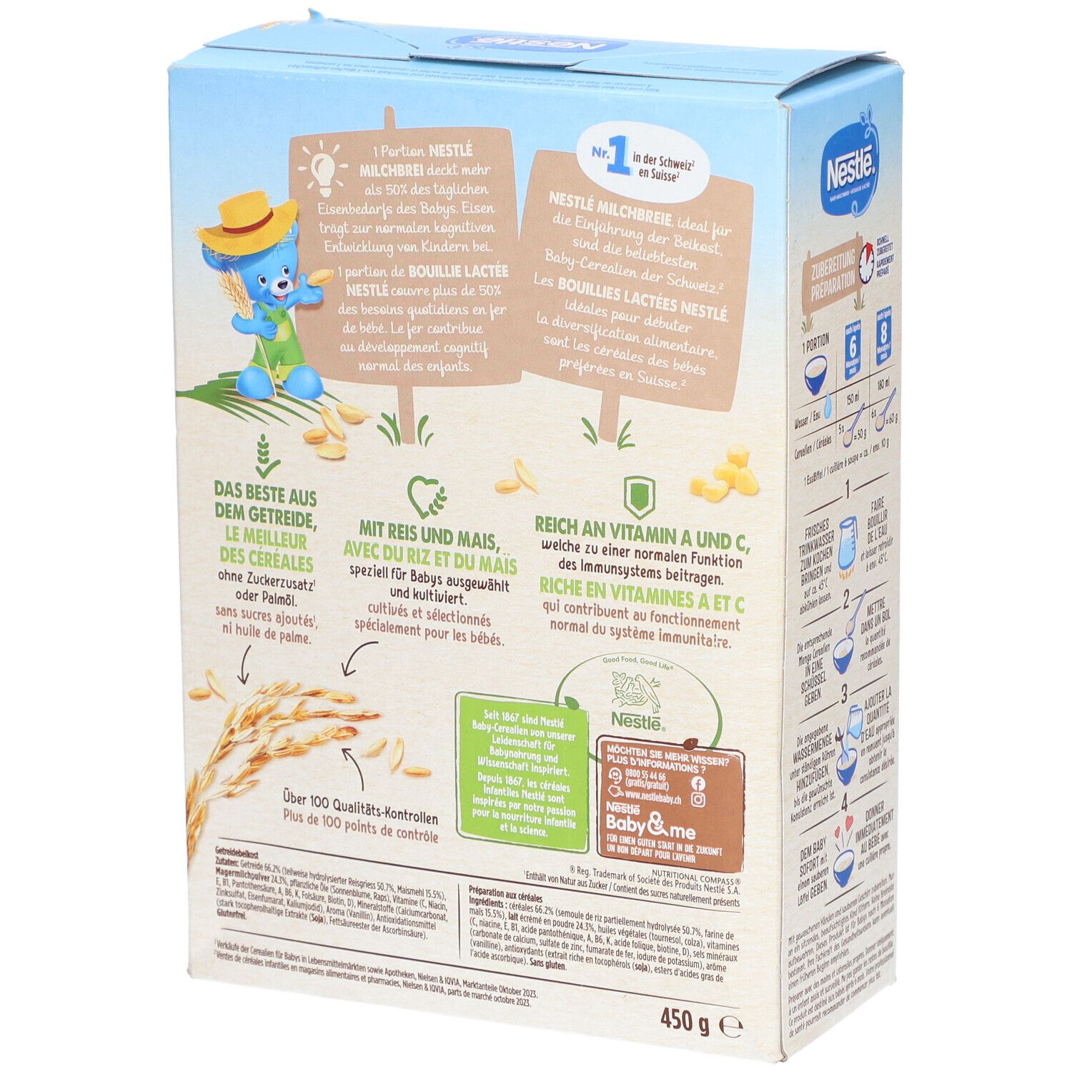 Rückseite der Nestlé Bouillie Lactée-Verpackung. Enthält Informationen zu Inhaltsstoffen, Nährwerten und Zertifizierungen. Blaue Box.