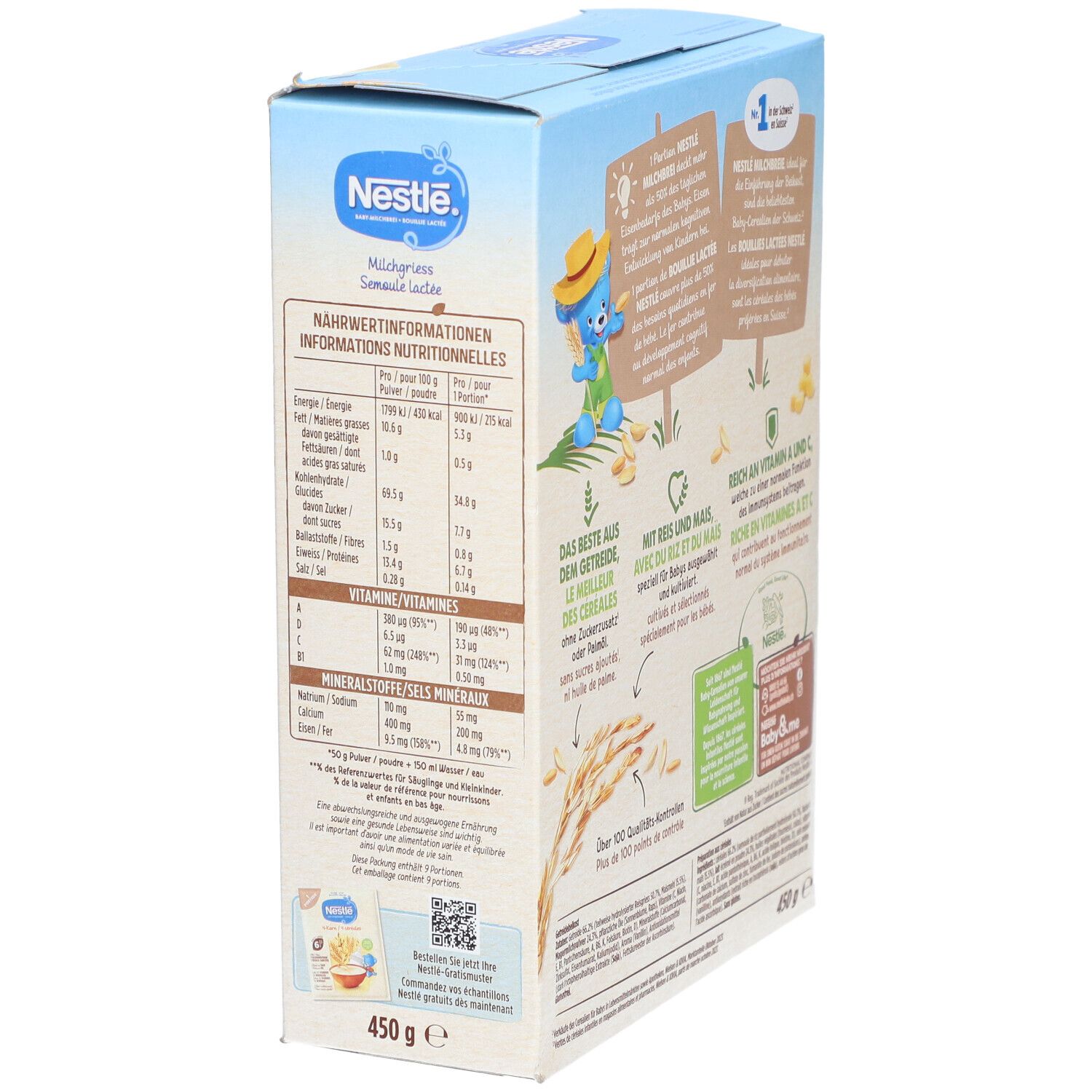 Rückseite der Nestlé Bouillie Lactée-Verpackung. Zeigt Nährwertinformationen und Produktinformationen. Blaue Box mit Nestlé-Logo.