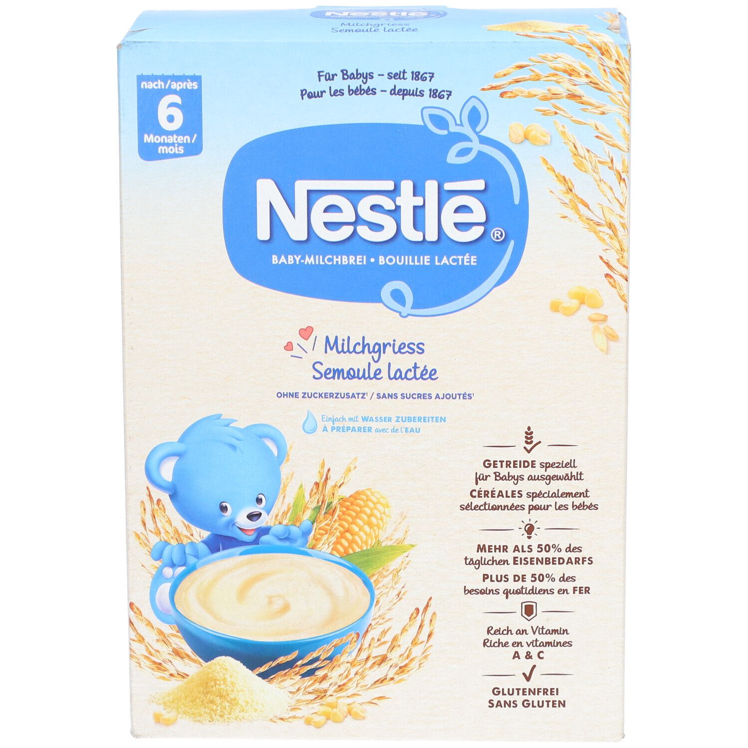 Nestlé Bouillie Lactée-Verpackung. Blaue Box mit Produktnamen und Illustrationen. Enthält Informationen zu Inhaltsstoffen und Zubereitung.