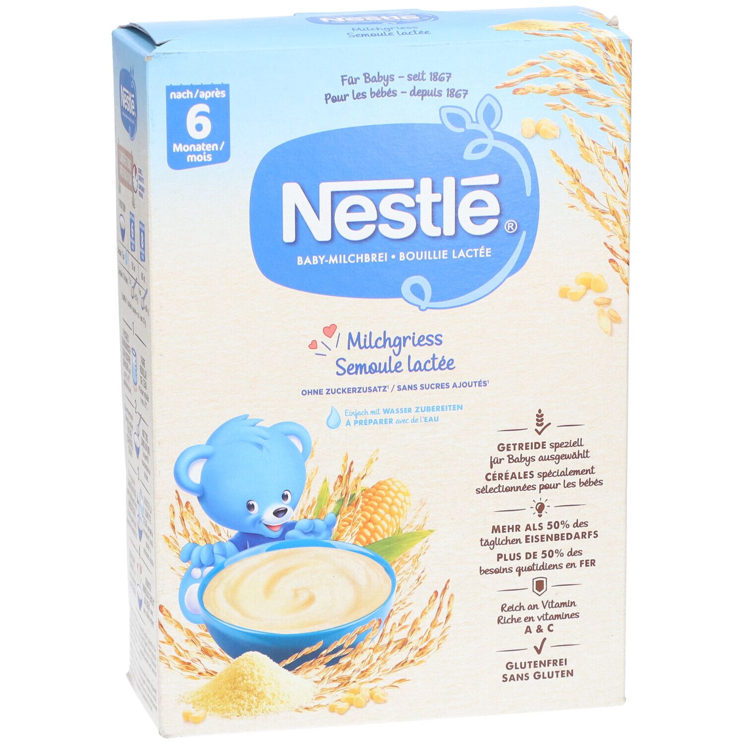Nestlé Bouillie Lactée-Verpackung. Blaue Box mit Produktnamen und Illustrationen. Enthält Informationen zu Inhaltsstoffen und Zubereitung.