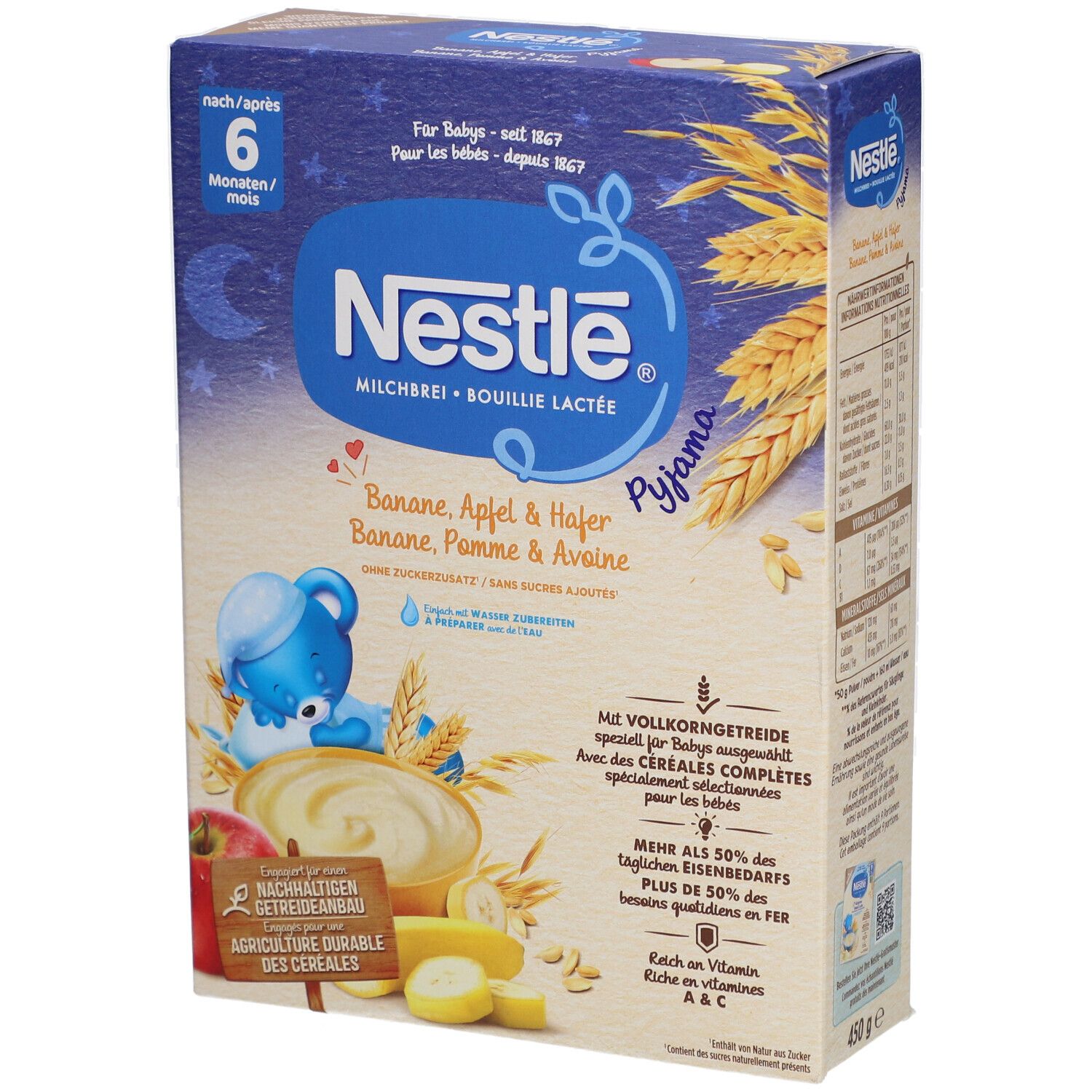 Nestlé Milchbrei Pyjama Banane Apfel Hafer 6M Packung. Blaue Box mit Produktabbildung, Text und Logo.